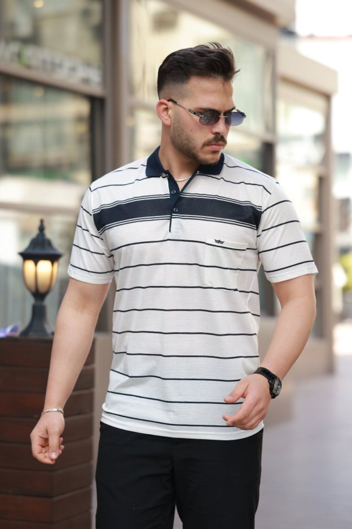 Eserden Erkek Yakalı çizgili Kısa Kollu T-shirt