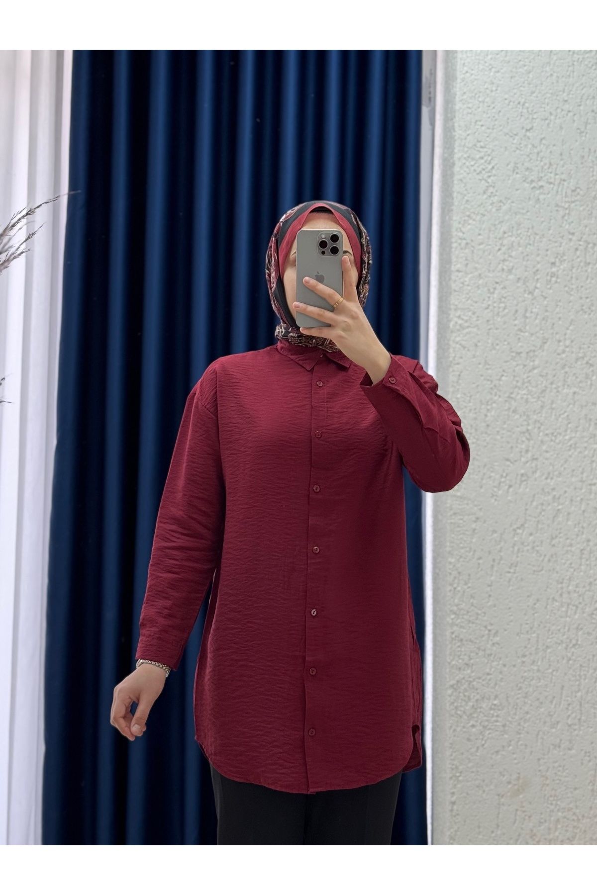 Ebrar Store Sorique Önü Kısa Arkası Uzun Düz Çilek Gömlek-Zİ2137 Bordo