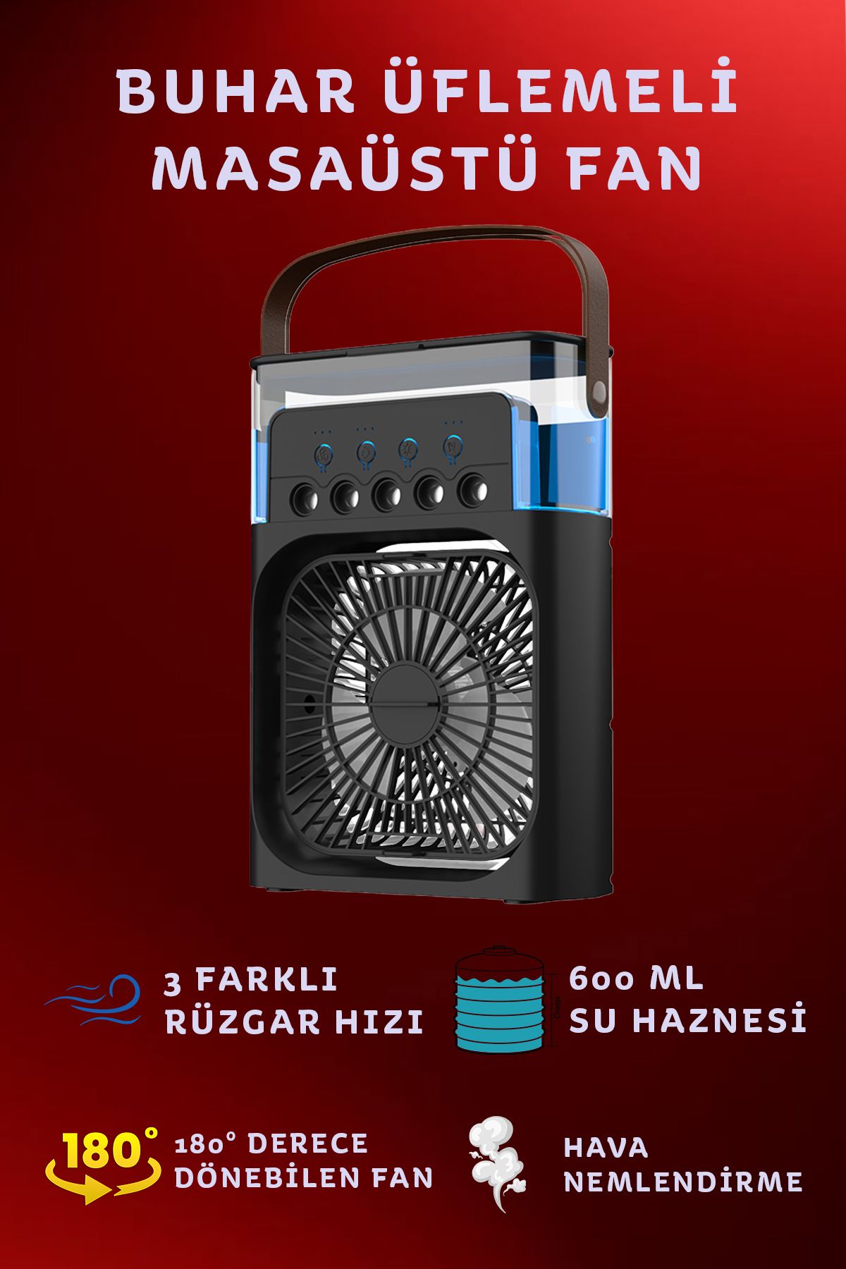 iHome Buhar Üflemeli Masaüstü ve Taşınabilir Şarj Edilebilir Soğutucu Su Üfleme Güçlü RGB Renkli Fan