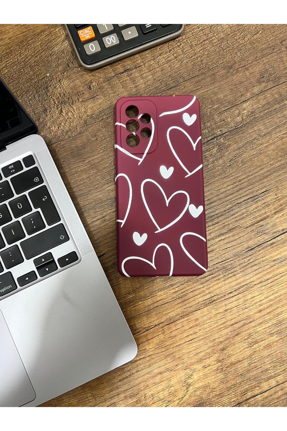 HZR Samsung A53 Beyaz Kalp Desenli Bordo Silikon Kılıf