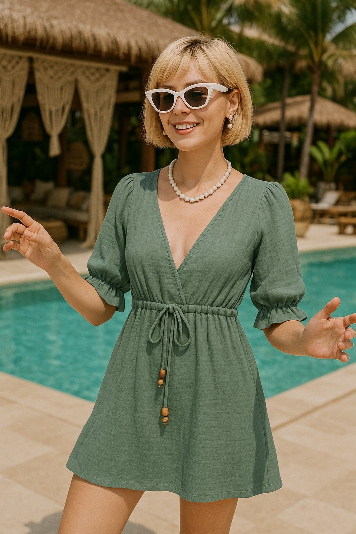 Bedinn Müslin Mini Elbise V Yaka Boho - Plaj Kıyafeti