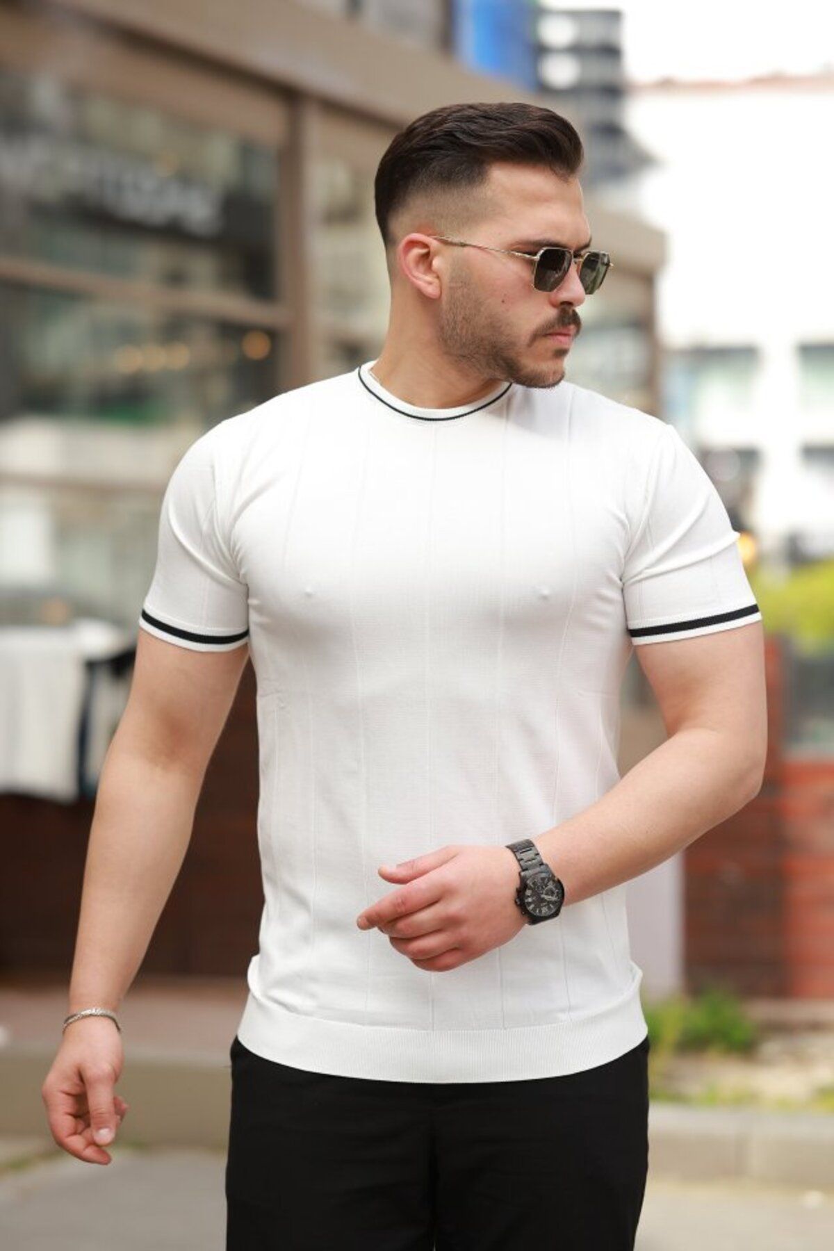 Eserden Erkek Bisiklet Yaka çizgi Desenli Ribanalı Kısa Kollu Tshirt