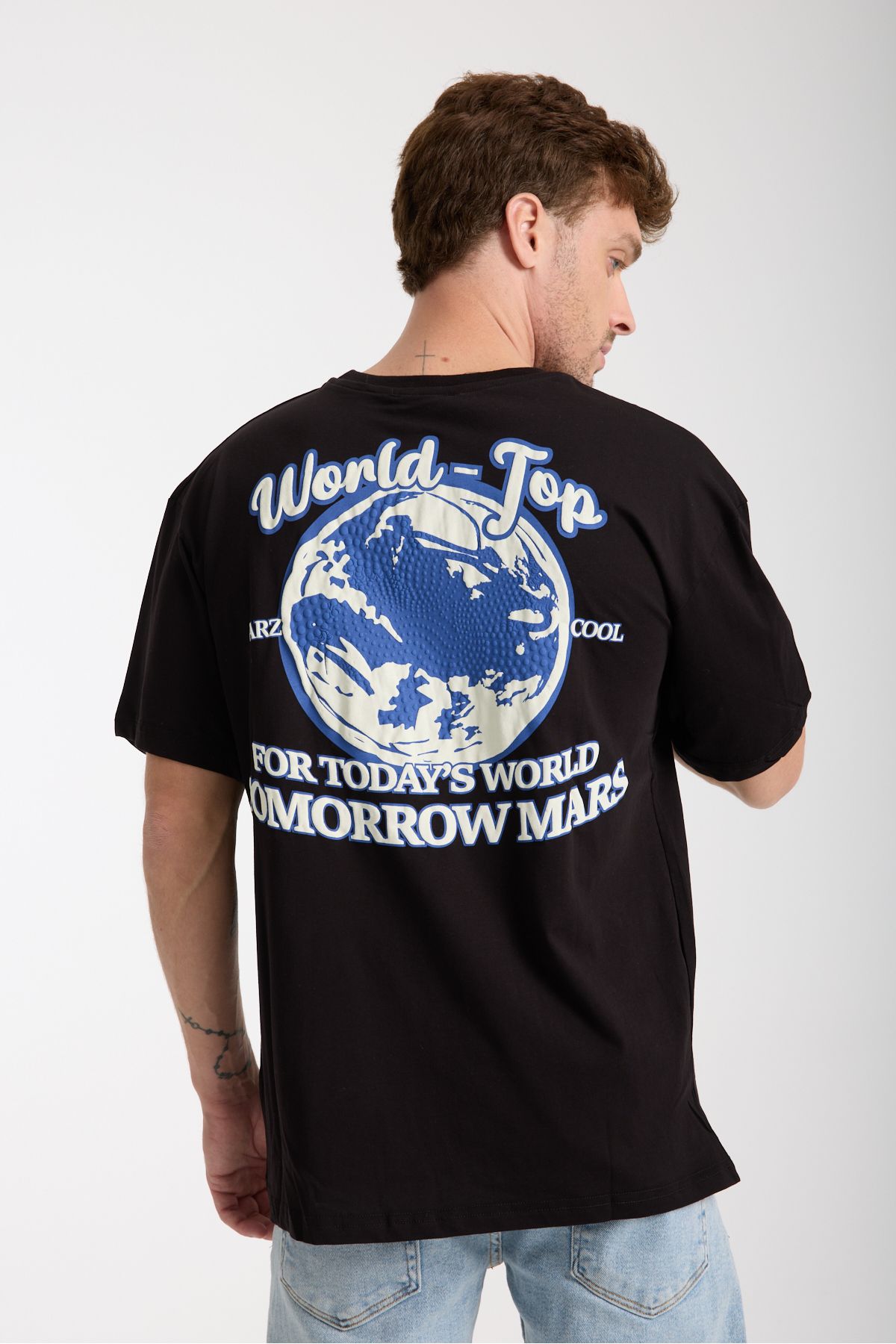 Tarz Cool Erkek Siyah World Ön Ve Arka Baskılı Oversize Bisiklet Yaka T-Shirt
