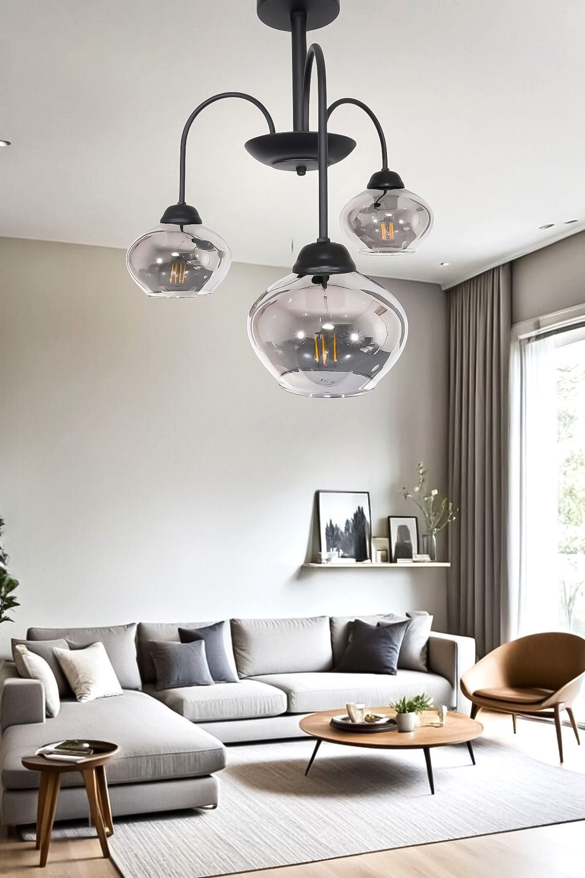 Fer Avize Dora 3 Lü Avize Dekoratif Tasarım Modern Kollu Camlı Avize Oturma Odası Yemek Odası Salon