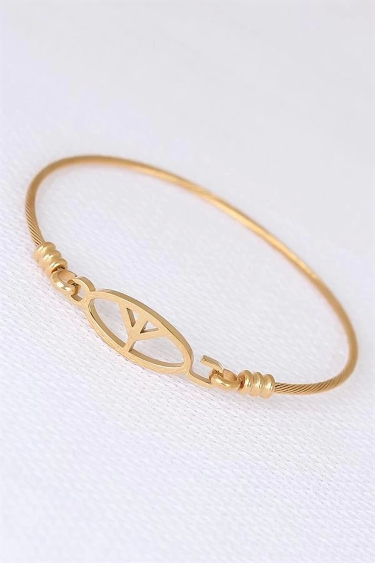 Lale Moda Gold Metal Çelik Figürlü Erkek Kelepçe Bileklik