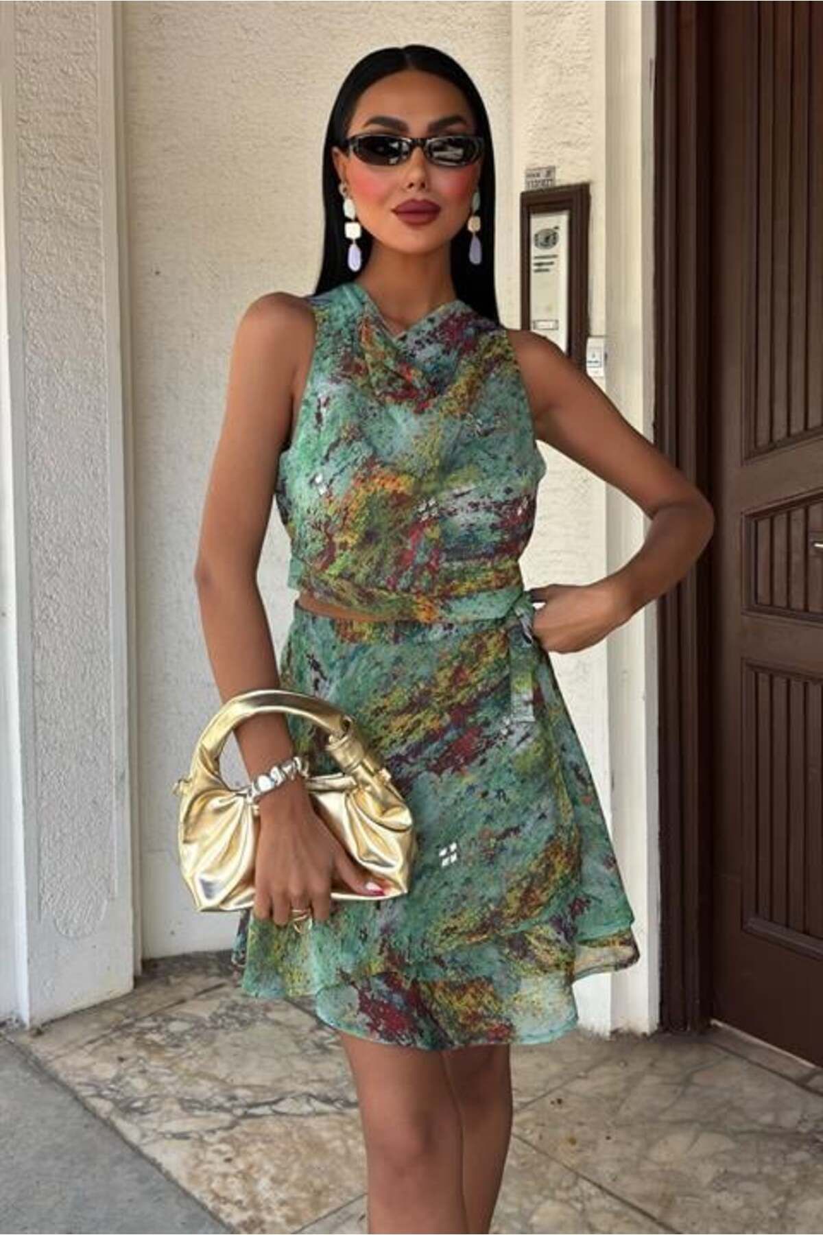 RICHMOST Kristal Taşlı Detaylı ve Etnik Desenli Kolsuz Standart Kalıplı Karma Renkli Kadın Takım (2 Parça)