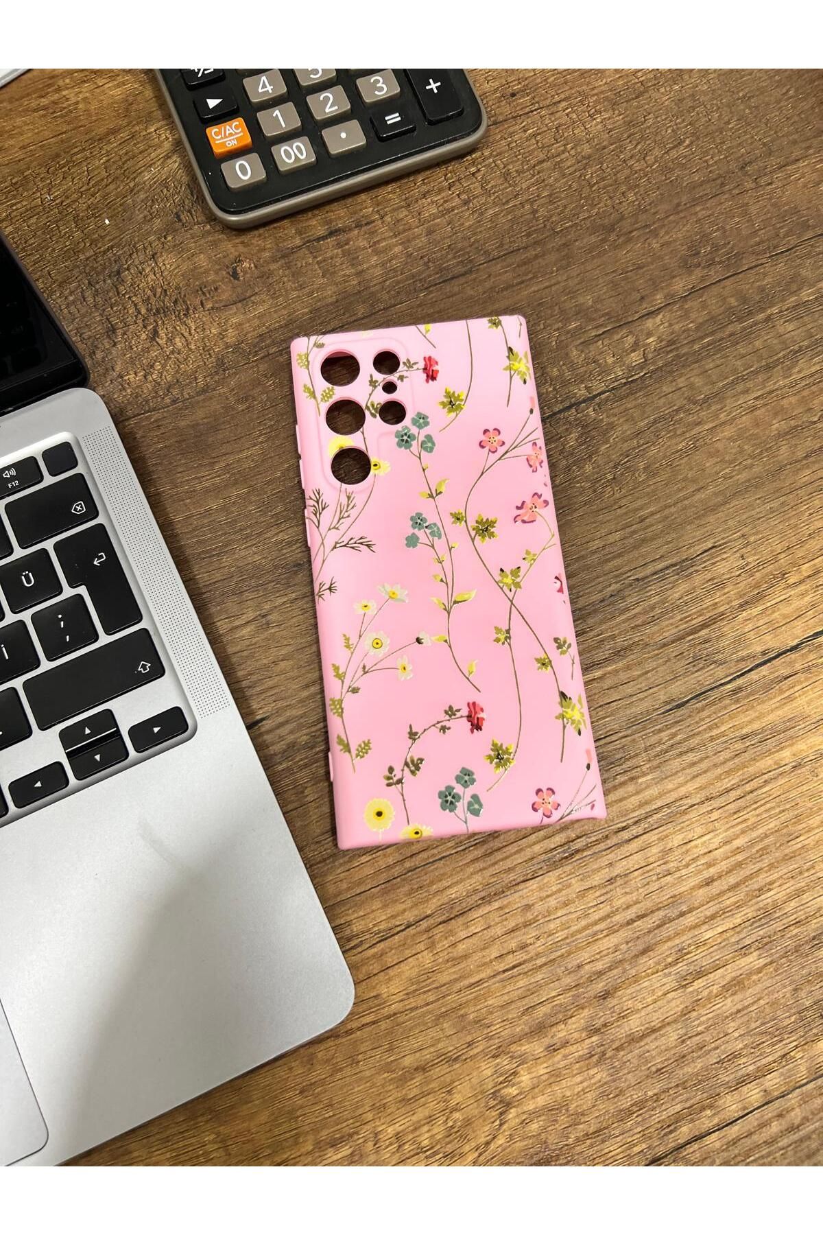 HZR Samsung S22 Ultra Çiçek Desenli Pembe Silikon Kılıf