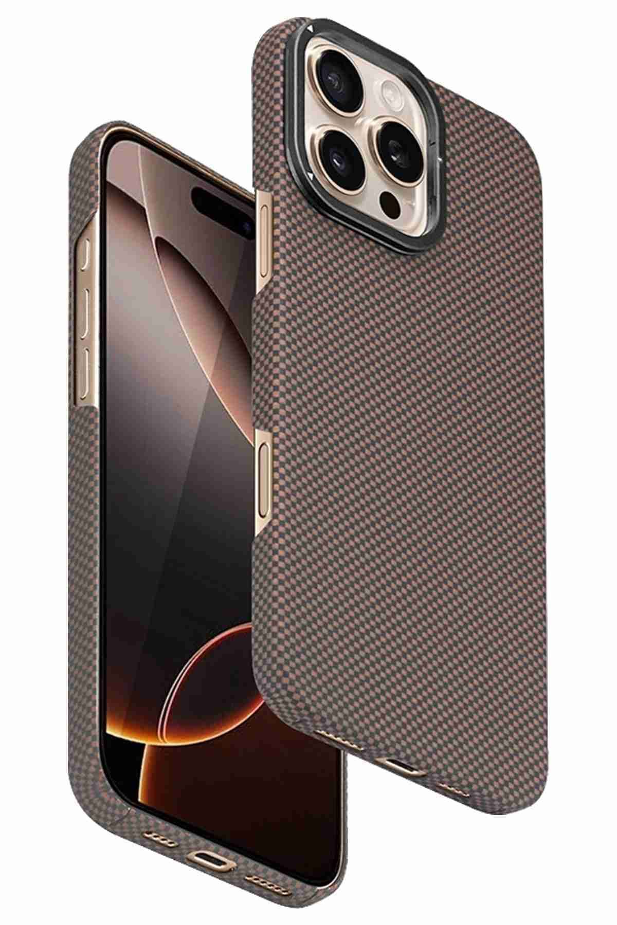 Fuchsia iPhone 16 Pro Max Uyumlu Manyetik Şarj Özellikli Lens Standlı Kevlar Telefon Kılıfı