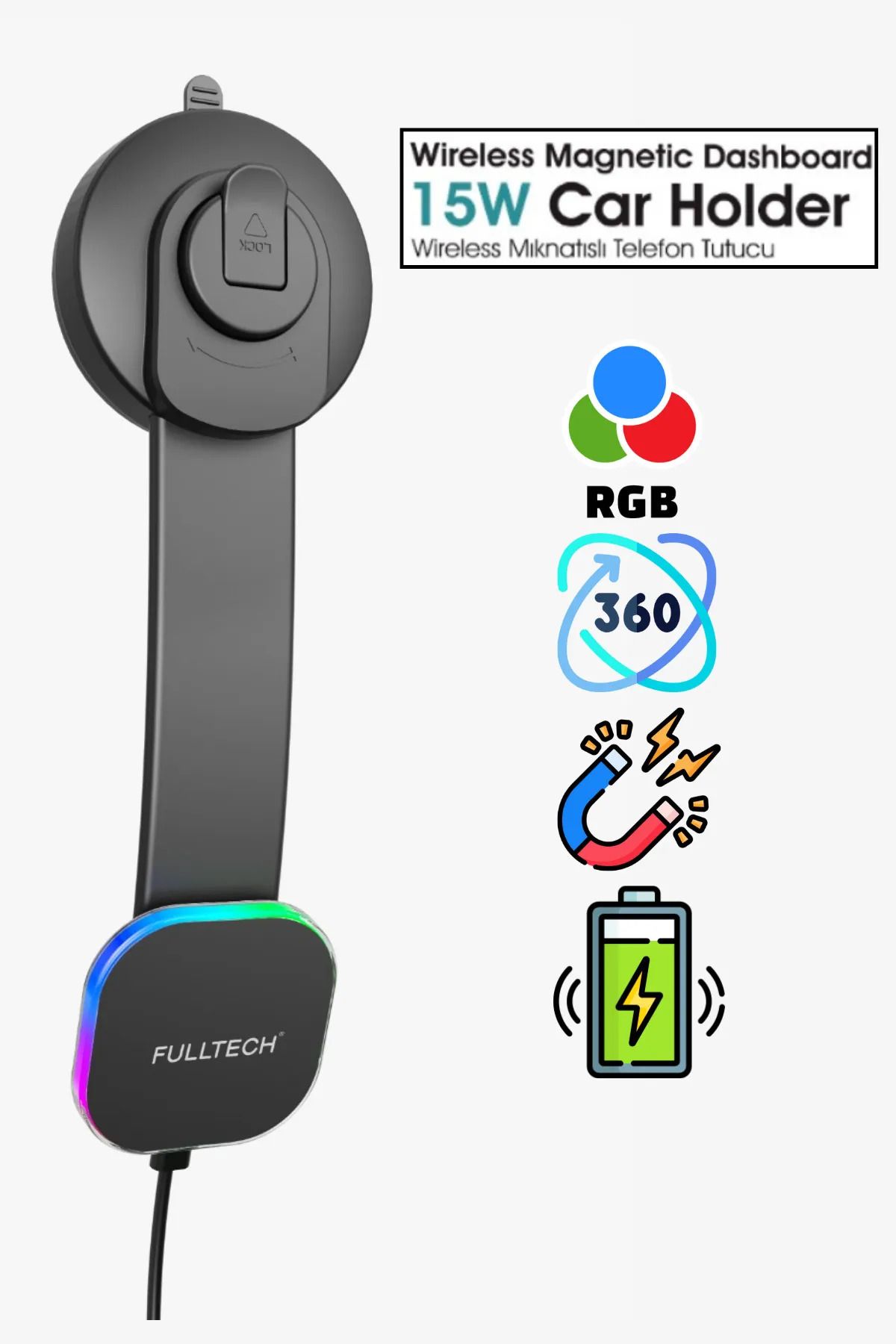 DarkRage RGB Zarif Tasarım 1.Sınıf Mıknatıslı 360° Dönen Başlıklı Sarj Özellikli Araç Içi Telefon Tutucu