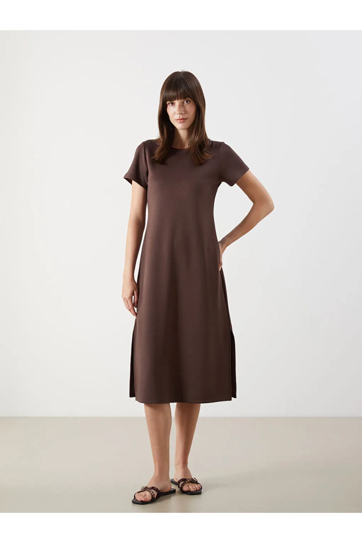 LCW Comfort Kahverengi Bisiklet Yaka Midi Elbise
