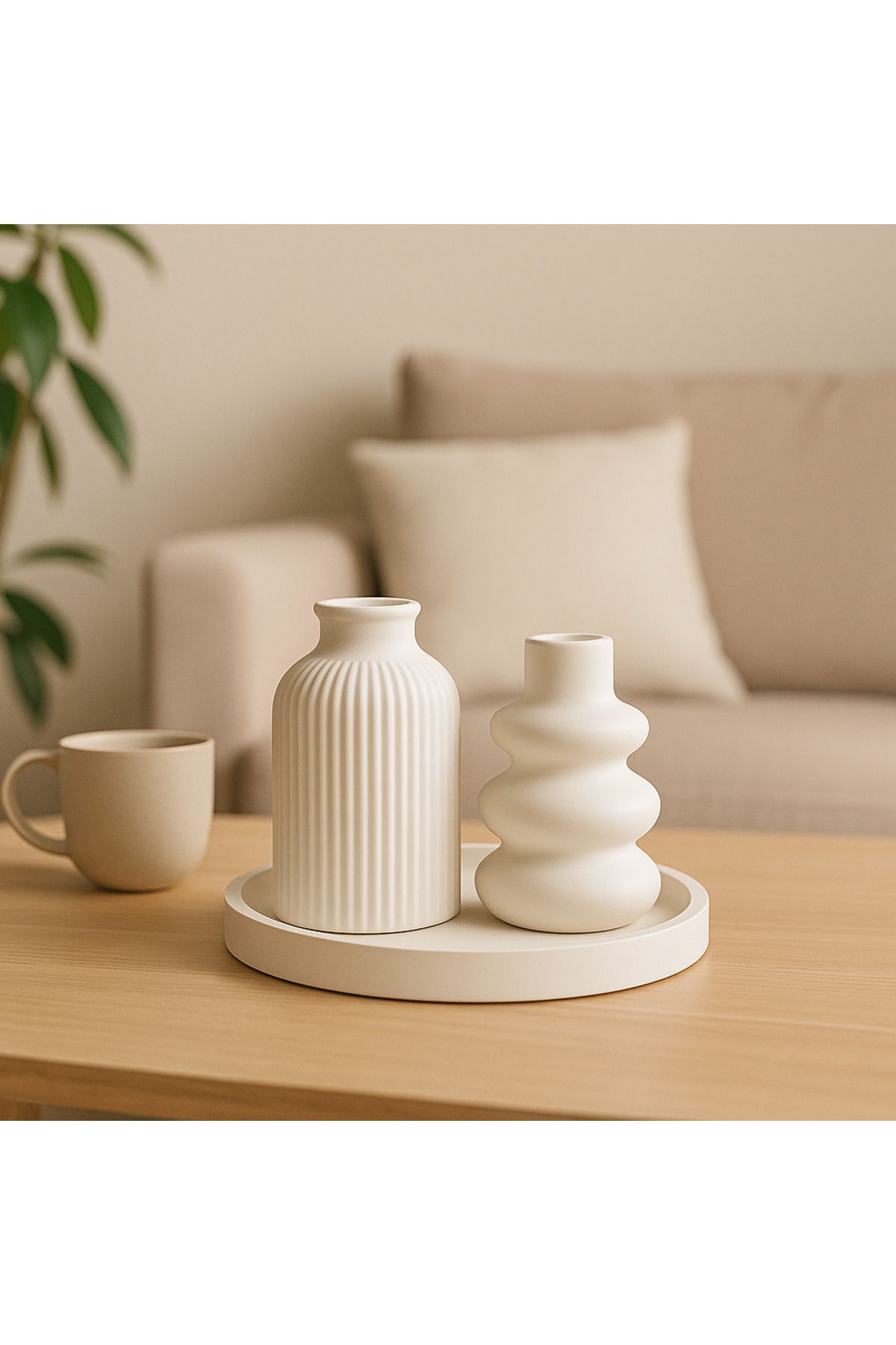 Ecomuse Home 3’lü İskandinav Pinterest Vazo Set – Pampas Vazosu & Yuvarlak Beton Sunum Tepsisi | 2025 Trend