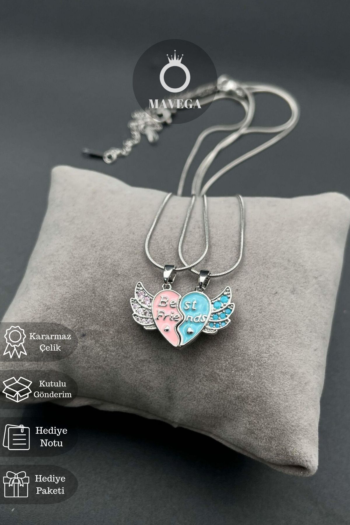 MAVEGA Best Friends En İyi Arkadaş 2'li Kolye Set | Kararmaz Çelik, Zirkon Taş, Gümüş Renk, 45 Cm