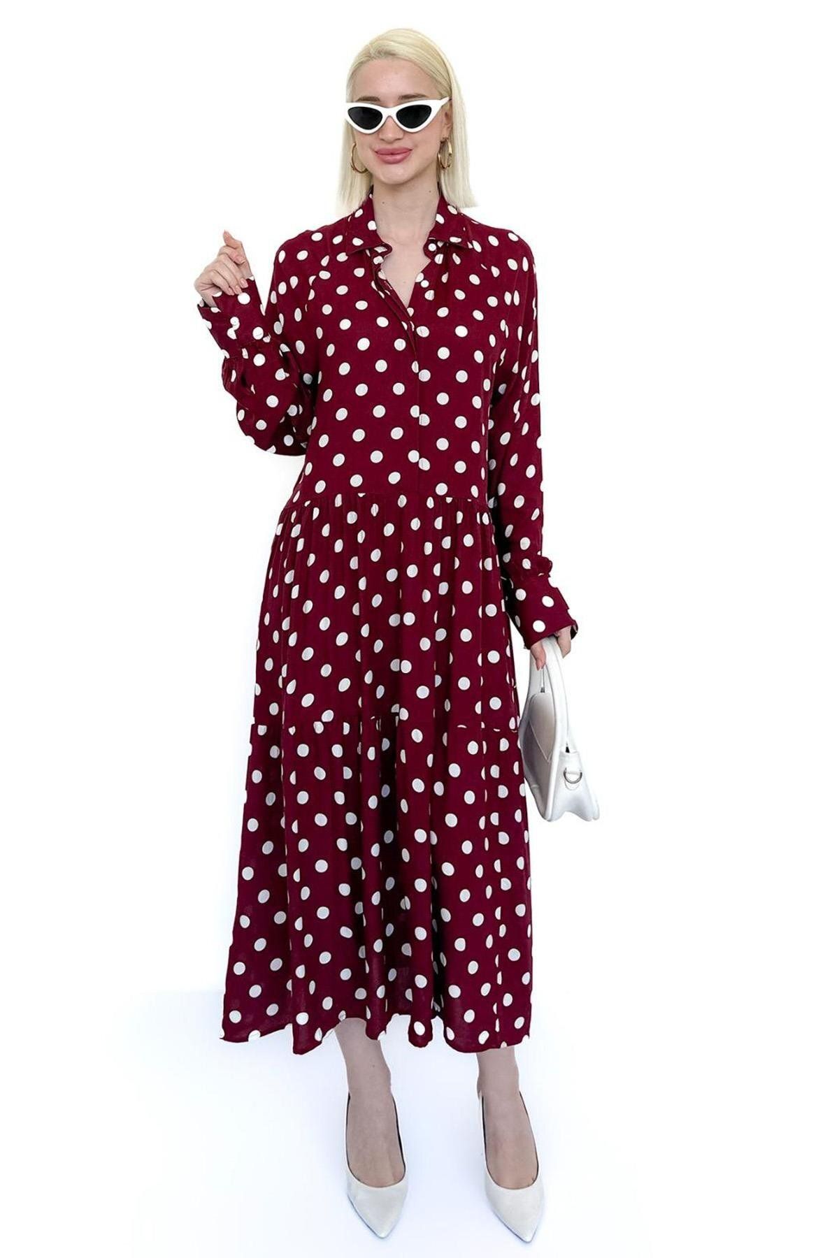 Madmext Bordo Uzun Kollu Düğmeli Desenli Elbise Mg2430