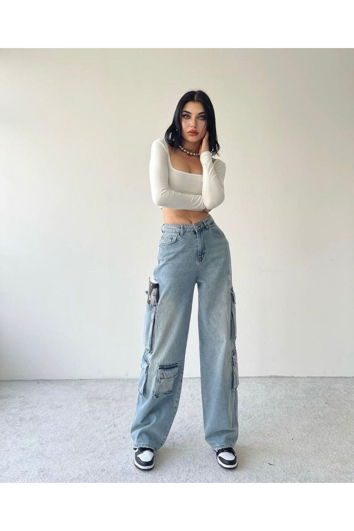 4EVERTİGER KARGO MODEL YANLARI CEPLİ MAVİ JEAN PANTOLON