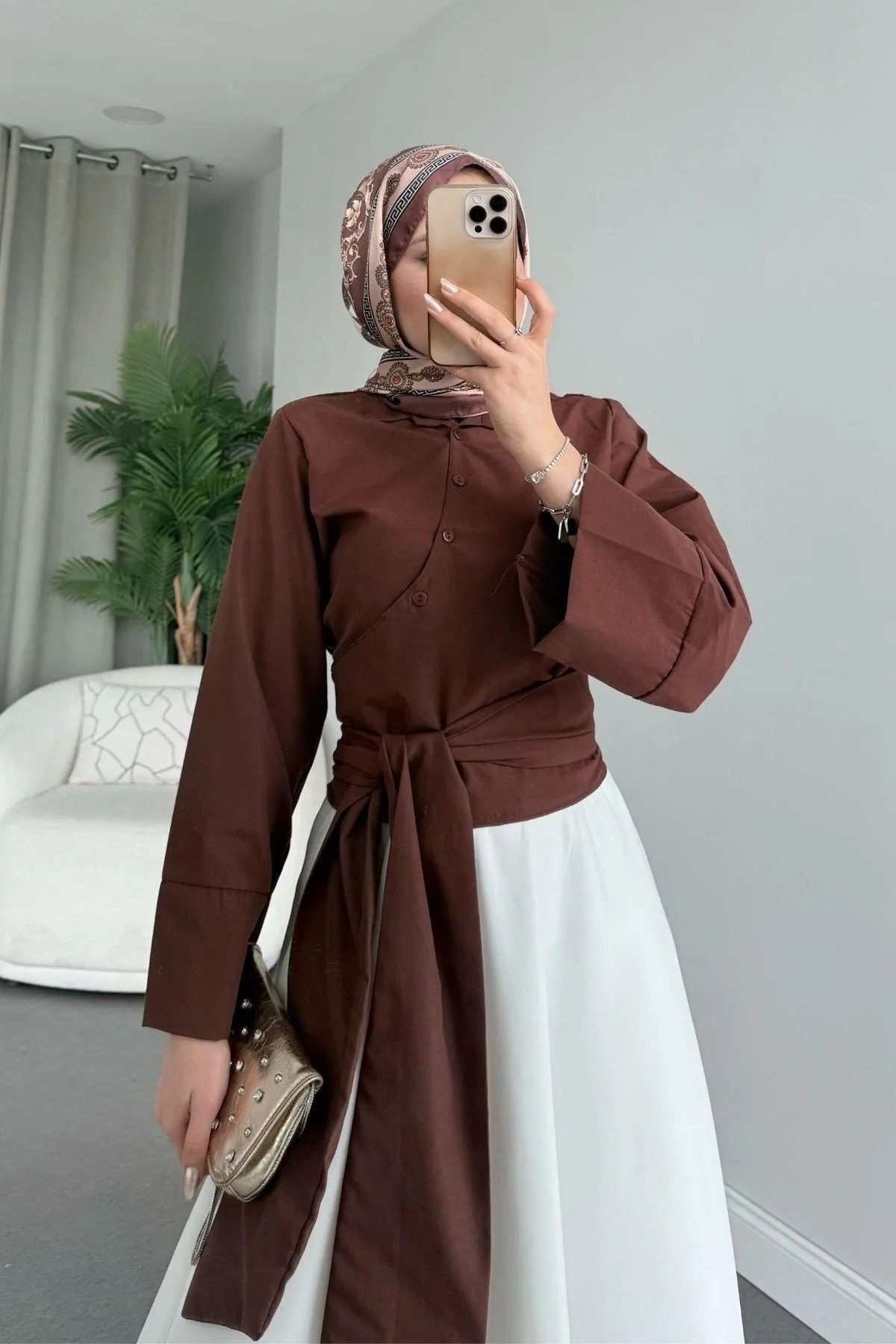 MY QILAM 10 NUMARA MODA Kadın Kahverengi Geniş Manşetli Kol Detaylı Önü Bağlamalı Poplin Gömlek