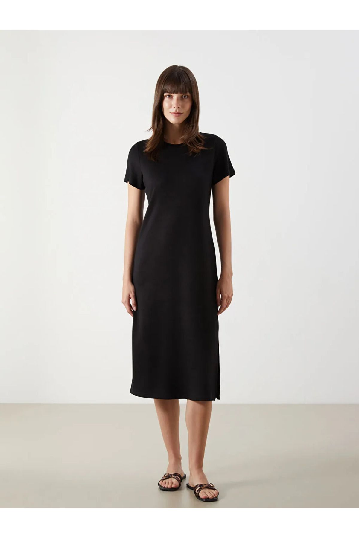 LCW Comfort Siyah Bisiklet Yaka Midi Elbise