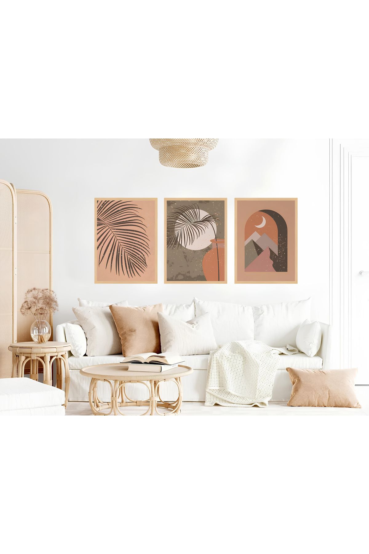 Tuba Decor 3 Parça Ahşap Çerçeve Görünümlü bohem MDF Tablo Seti