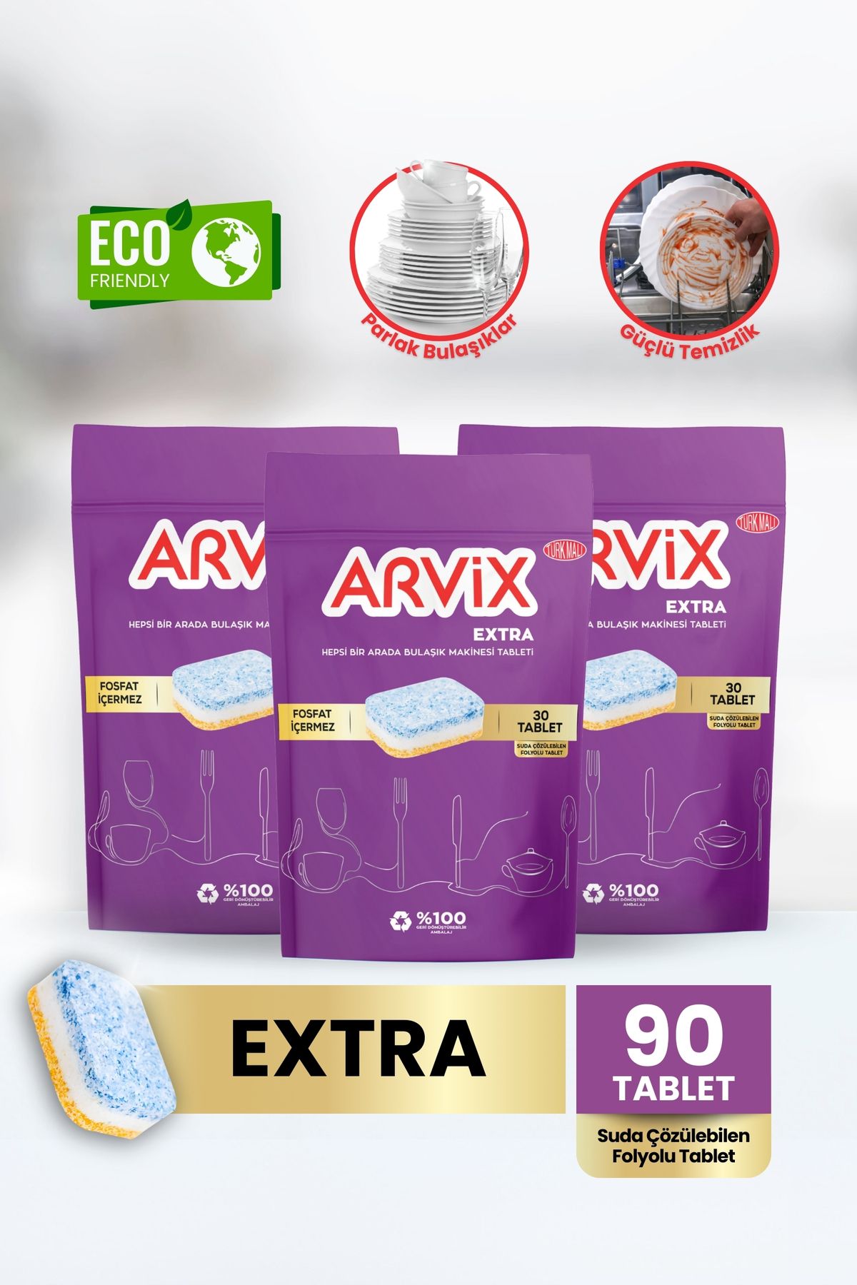 arvix ARVİX HEPSİ BİR ARADA BULAŞIK MAKİNESİ TABLETİ EXTRA 3 PAKET 90'LI