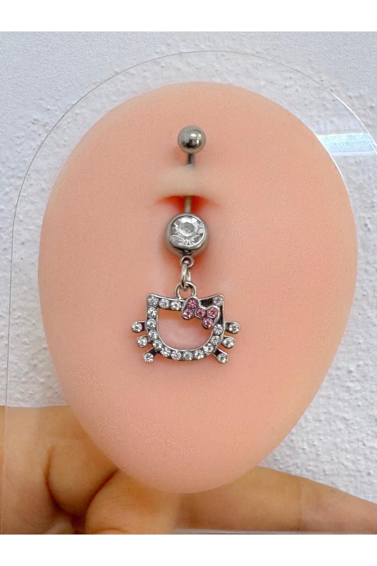 Arescollection ÇELİK BARLI ZİRKON TAŞLI HELLO KİTTY Lİ SALLANTILI GÖBEK PİERCİNGİ