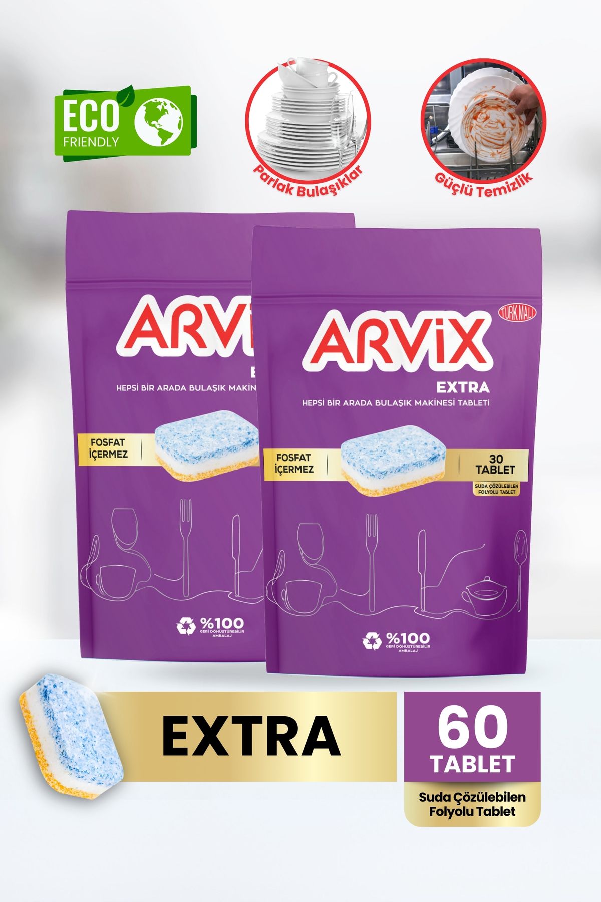 arvix ARVİX HEPSİ BİR ARADA BULAŞIK MAKİNESİ TABLETİ EXTRA 2 PAKET 60'LI