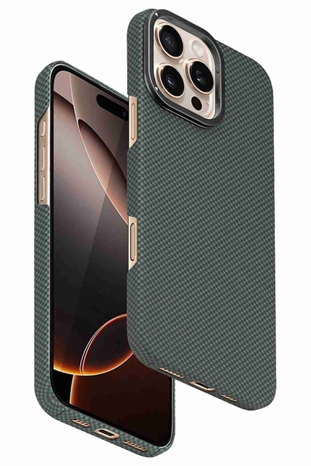 Fuchsia iPhone 16 Pro Max Uyumlu Manyetik Şarj Özellikli Lens Standlı Kevlar Telefon Kılıfı