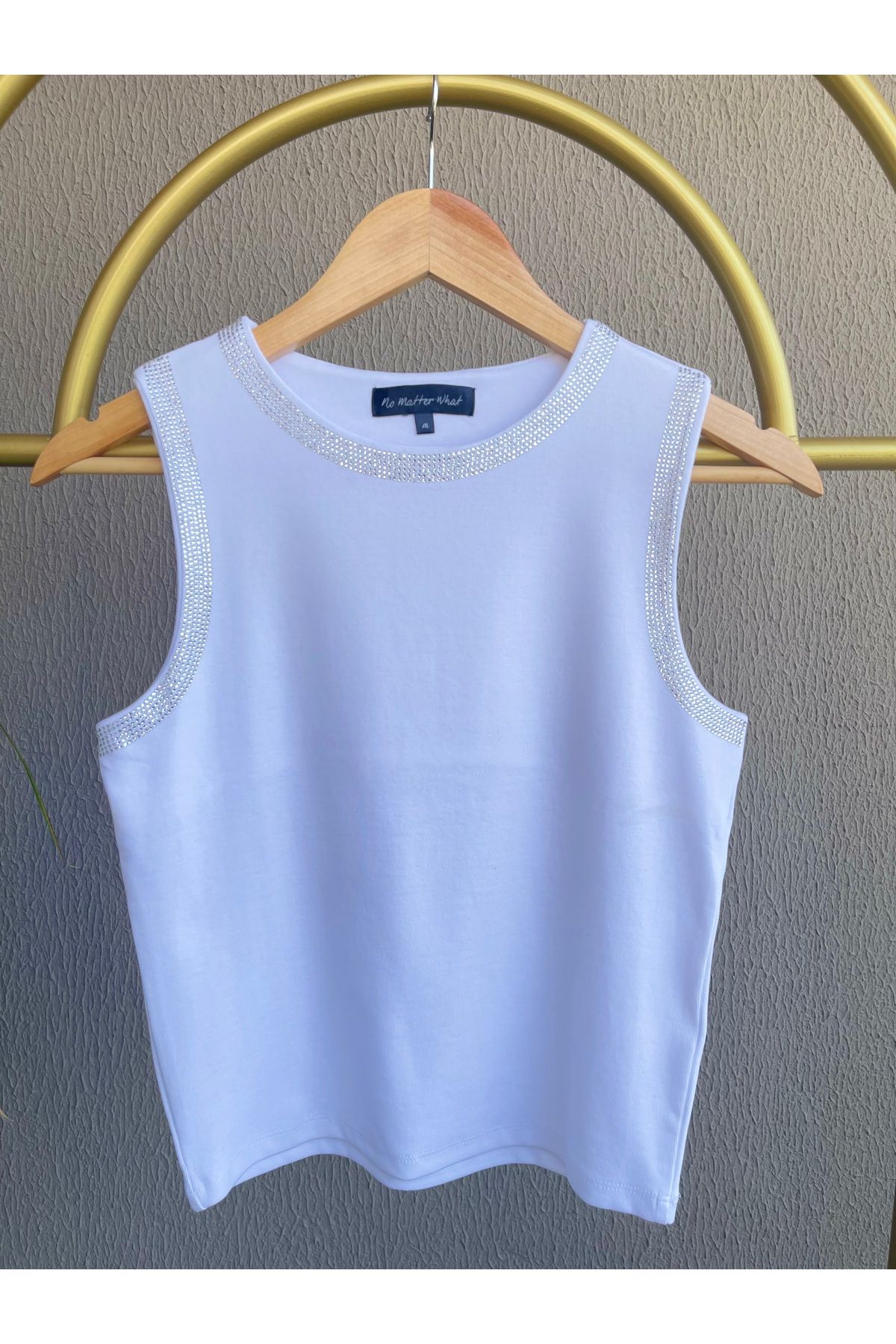 Butik Parlak Taş Detaylı Kolsuz Bisiklet Yaka Body / Bluz