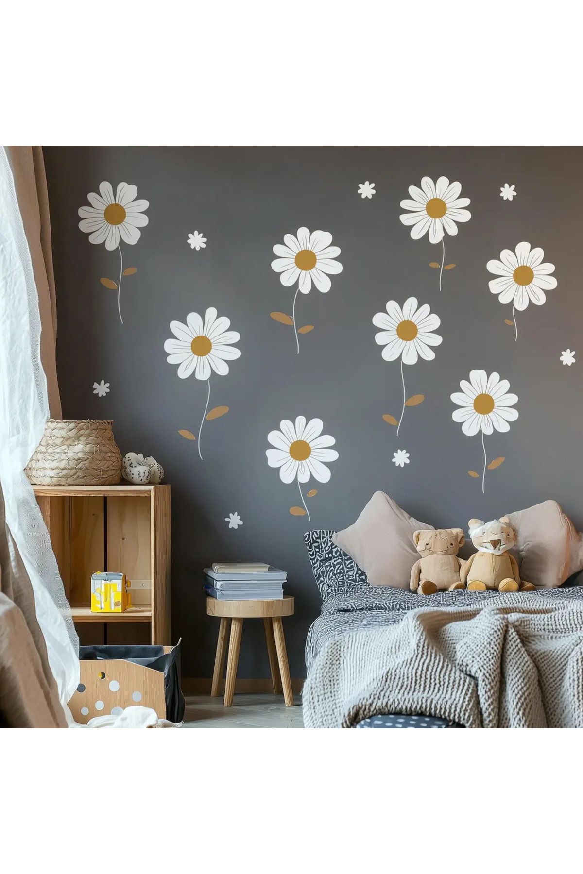 Sticker Sepetim Papatya Desenli Duvar Çıkartmaları Boho Çiçek Çocuk Odası Duvar Sticker Seti