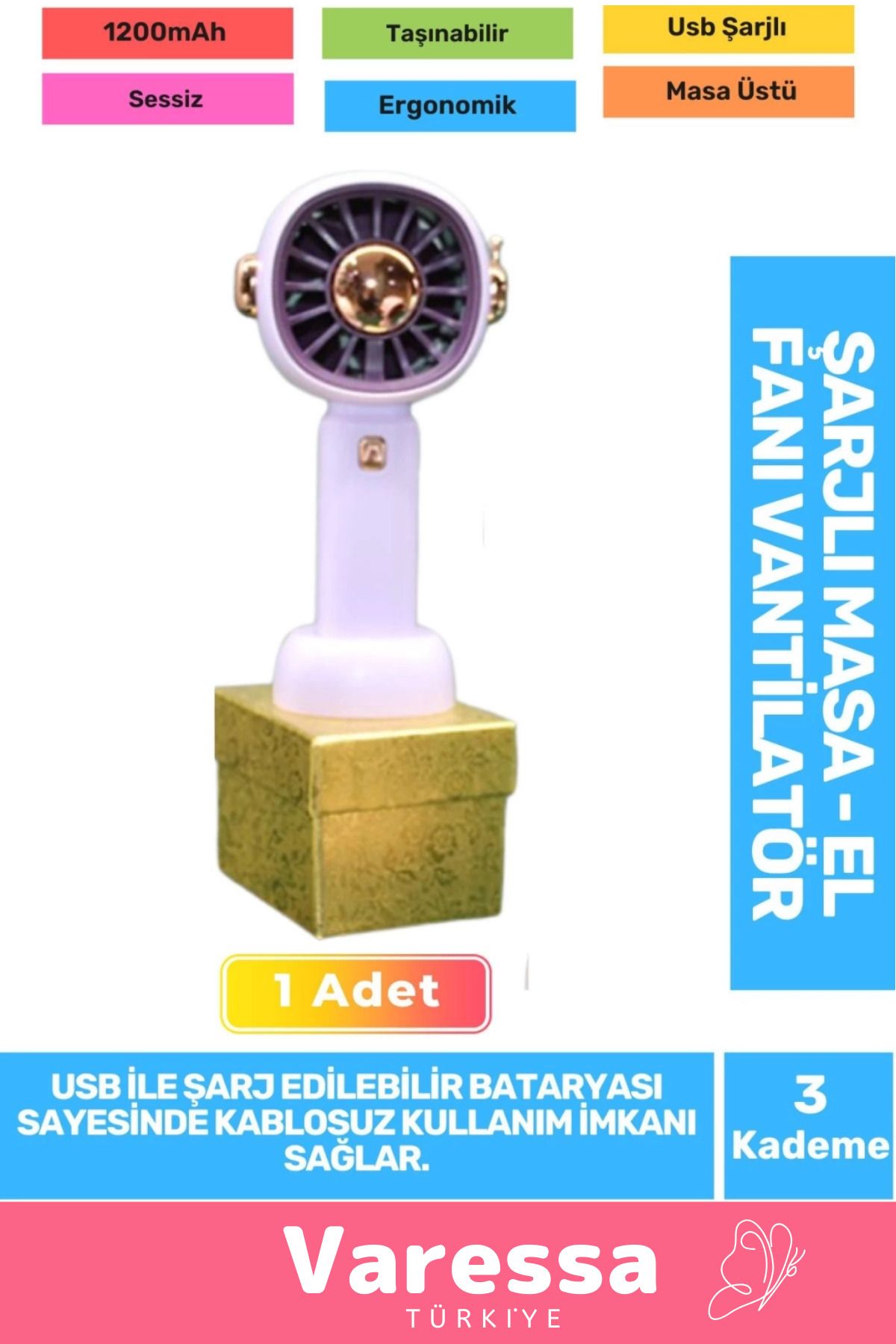 VARESSA Yeni Sessiz 3 Kademe Hafif Kablosuz 1200mAh Pervaneli Taşınabilir Usb Şarjlı Masa El Fanı Vantilatör