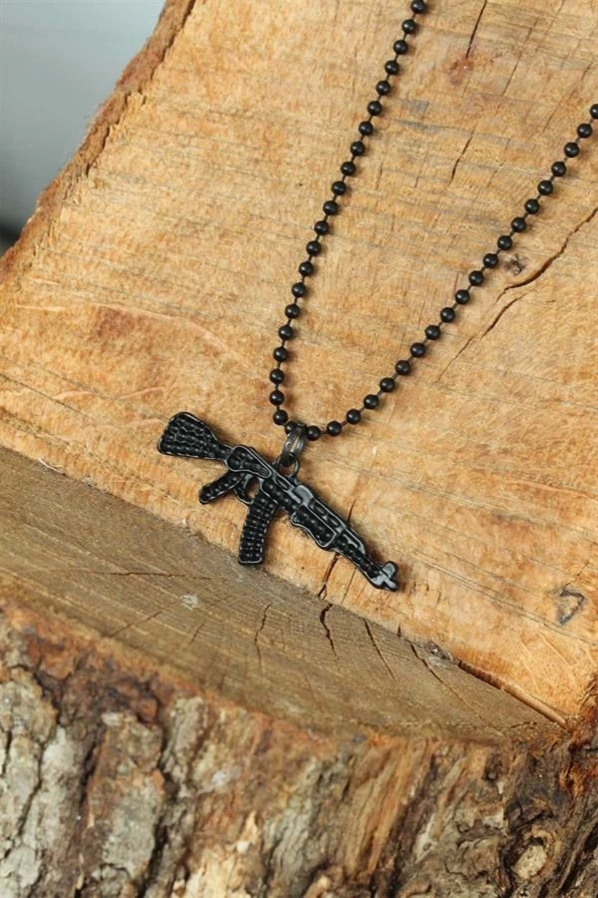 Lale Moda Krom Kaplama Siyah Renk Metal Tüfek Kafası Tasarım Erkek Kolye