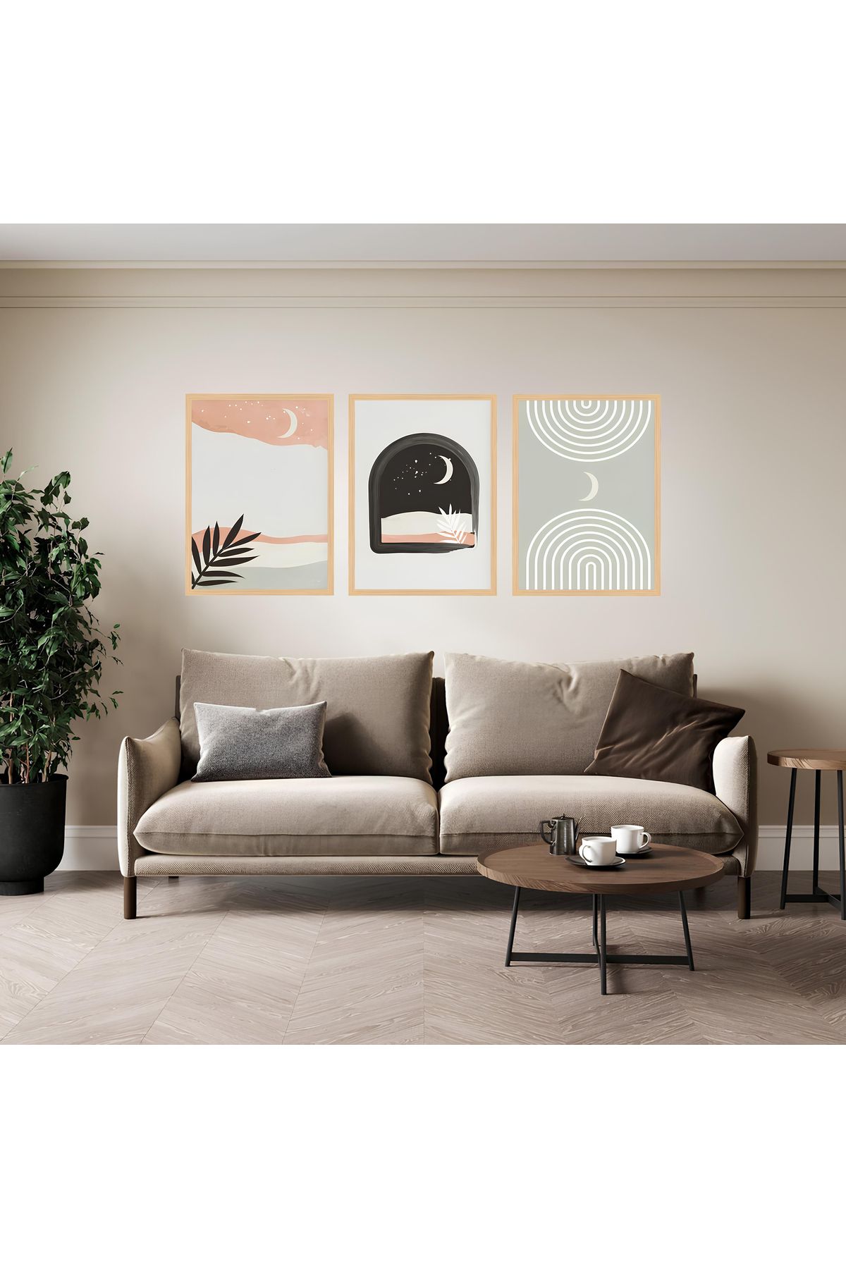 Tuba Decor 3 Parça Ahşap Çerçeve Görünümlü bohem MDF Tablo Seti