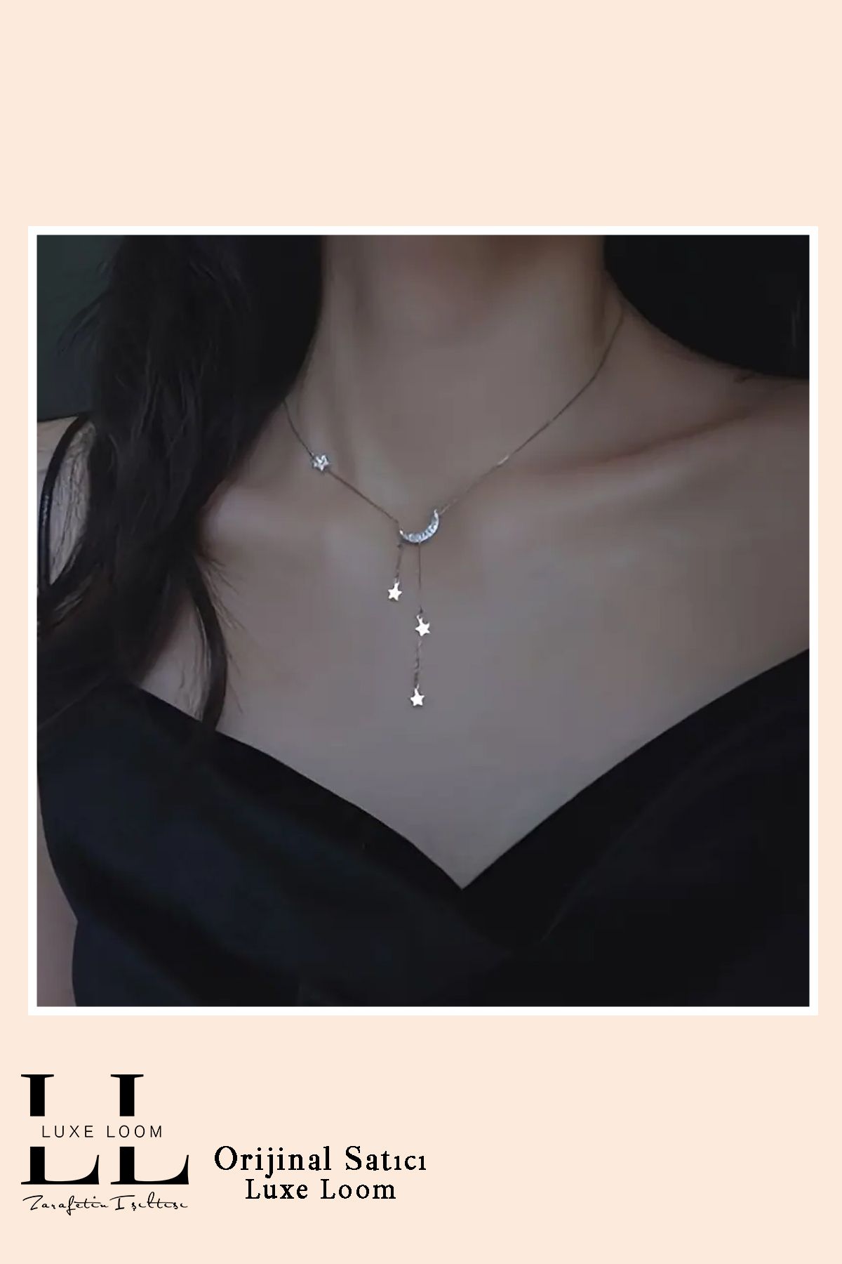 Luxe Loom Zarafetin Işıltısı Kadın Kararmayan Gümüş Renk Şık Ay Yıldız Y Kolye 001
