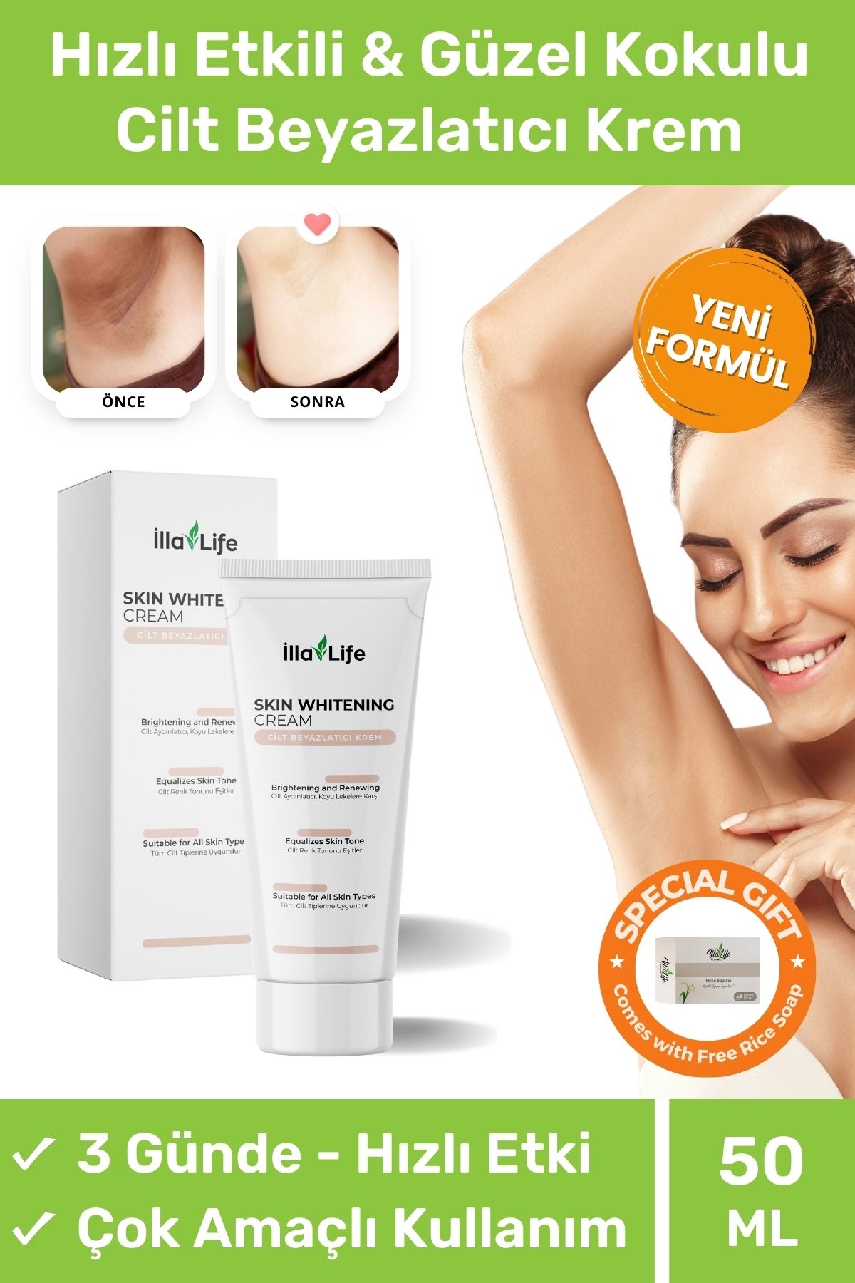 İlla Life Hızlı Etkili Kararma Karşıtı Cilt Beyazlatıcı Koltuk Altı Bikini Bölgesi Özel Bölge Beyazlatma Kremi