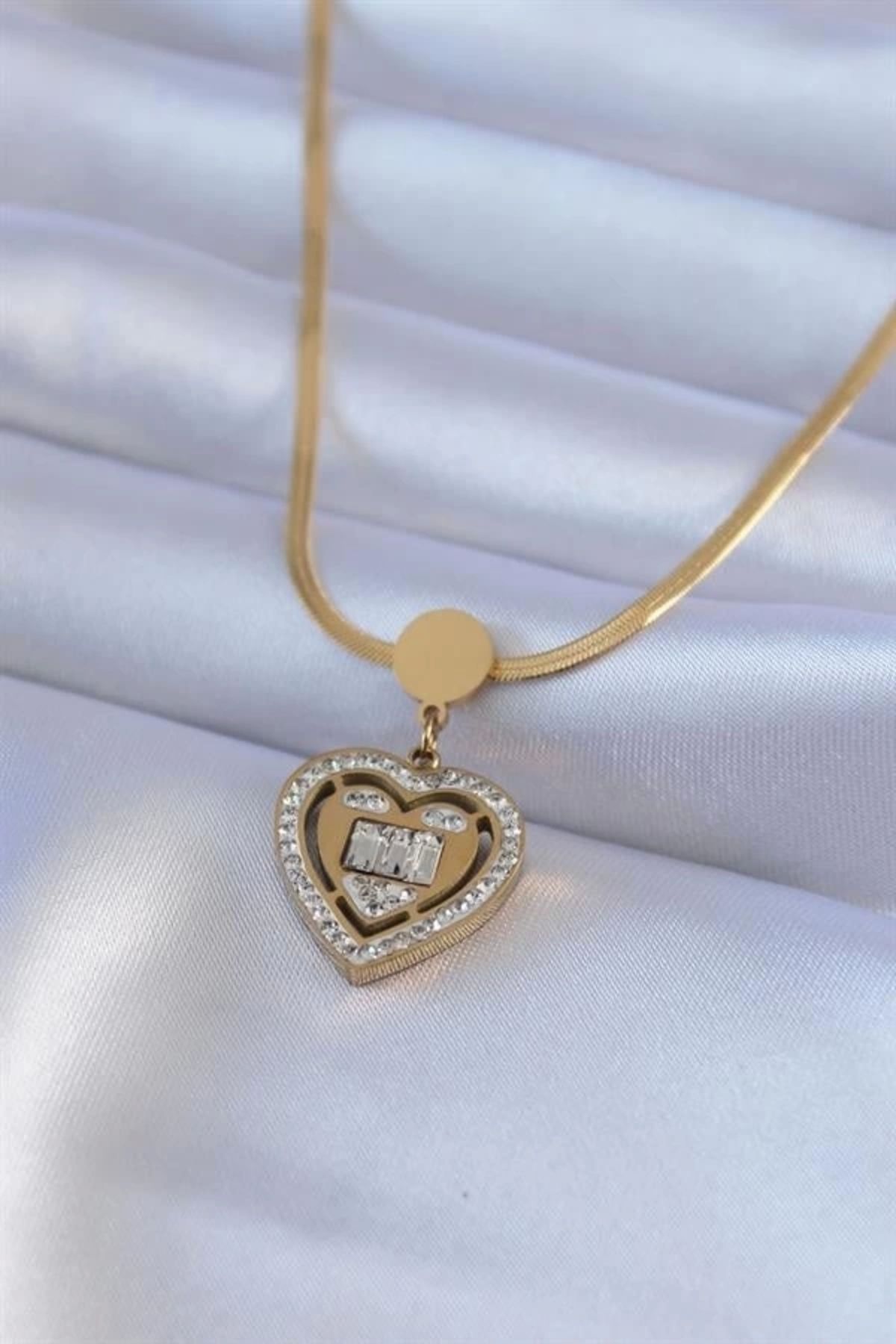 Lale Moda 316L Çelik Gold Renk İtalyan Zincir Model Zirkon Taşlı Kalp Model Kadın Kolye