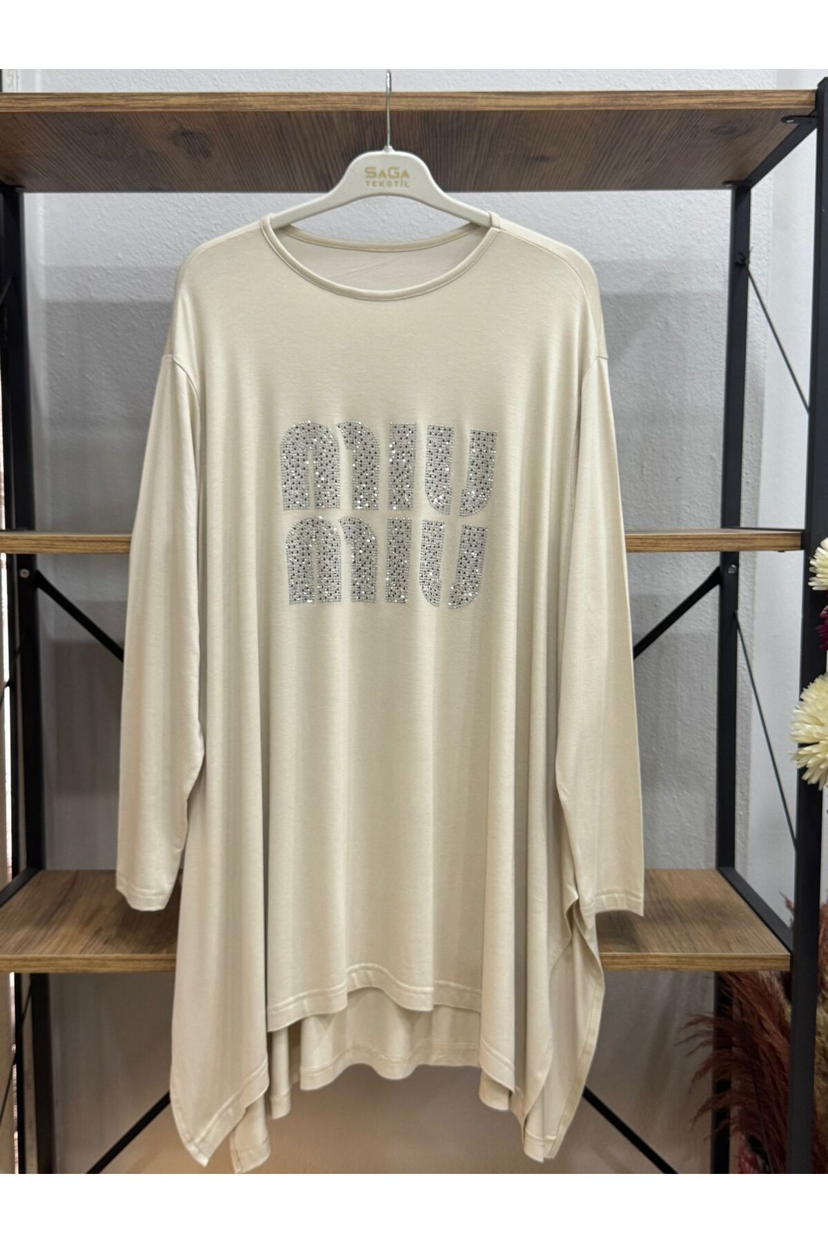 ÖZNE BUTİK Kadın pamuklu likralı bisiklet yaka miu taş baskılı oversize tunik