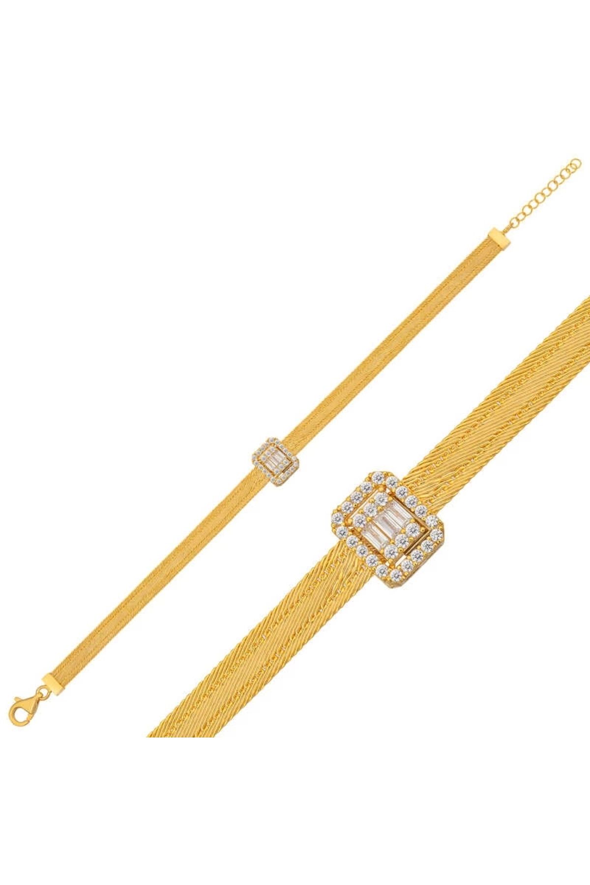luz&pos Gümüş Gold Baget Taşlı Trabzon Hasır Kadın Bileklik