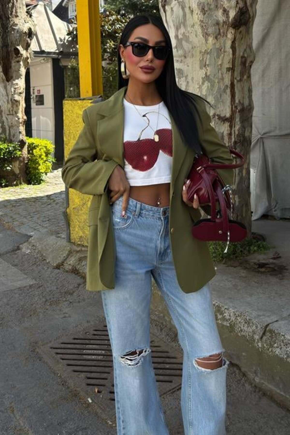 RICHMOST Uzun Kollu ve Düğme Kapamalı Kruvaze Yakalı Oversize Blazer Kadın Keten Ceket Haki