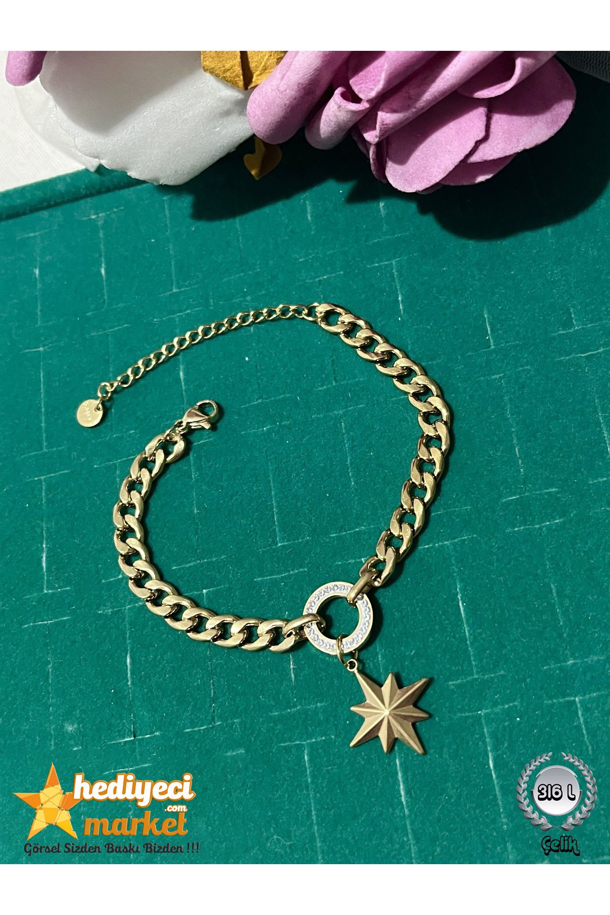Hediyeci Market 316L Çelik Yıldız Figürlü Gold Zirkon Taşlı Samanyolu Kadın Bileklik - HMÇB-0090