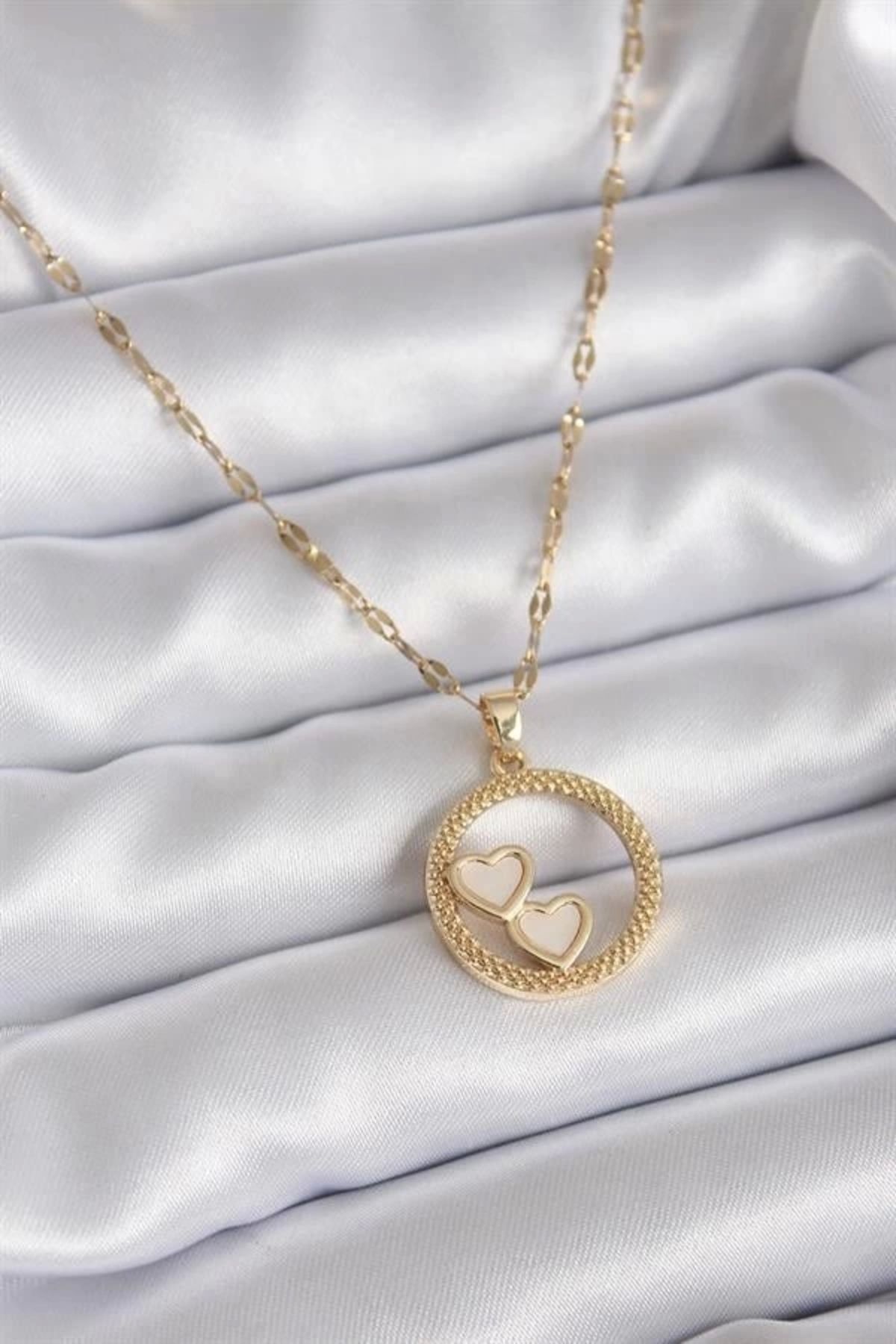 Lale Moda 316L Çelik Zincir Gold Renk İşleme Detay Halka Kalp Model Kadın Kolye