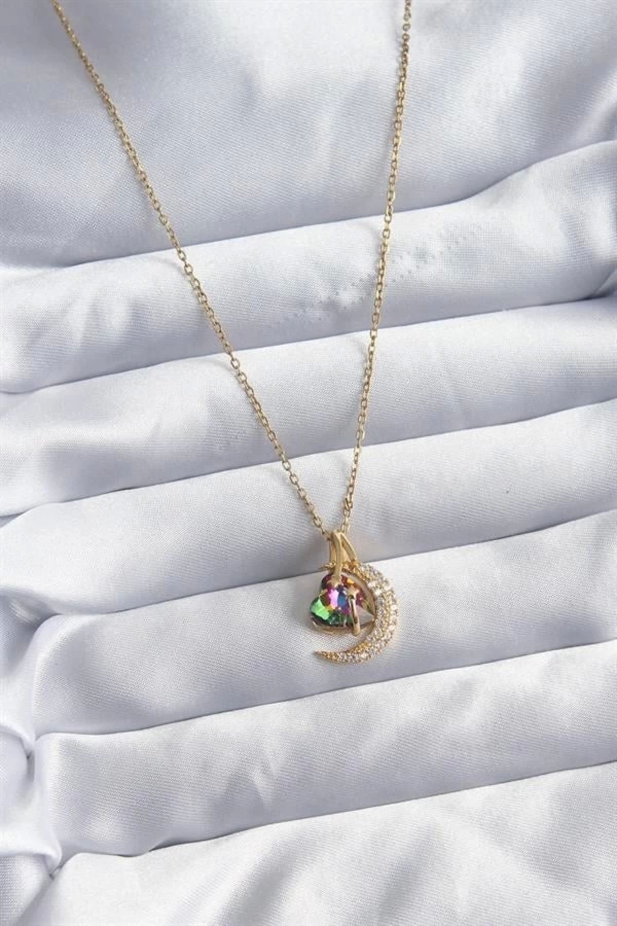 Lale Moda 316L Çelik Zincir Gold Renk Zirkon Taşlı Hilal Kristal Kalp Model Kadın Kolye