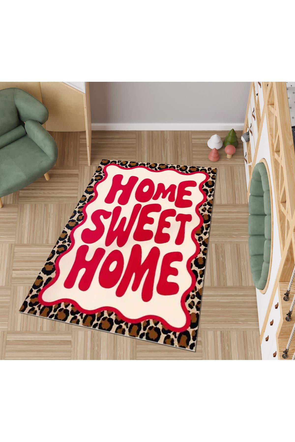 Rugs Modern Halı Lina Koleksiyonu Leopar Desenli Home Sweet Home Yazı Detaylı Dokuma Taban Dekoratif Halı lina65