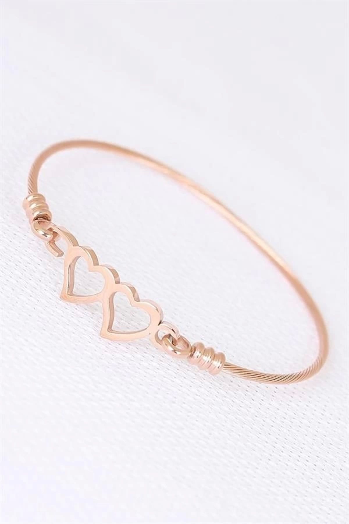 Lale Moda Rose Çelik Çift Kalp Figürlü Erkek Kelepçe Bileklik