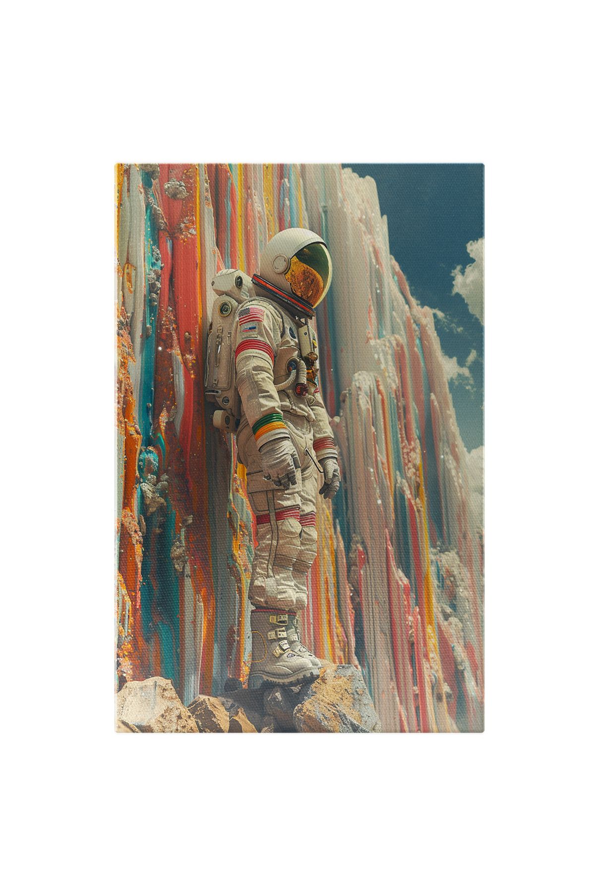 StoryGift Romania Tablou Canvas Personaj Mascul In Costum De Astronaut Alb-curcubeu Si Steagul Americii Langa Pe - 40 x 25