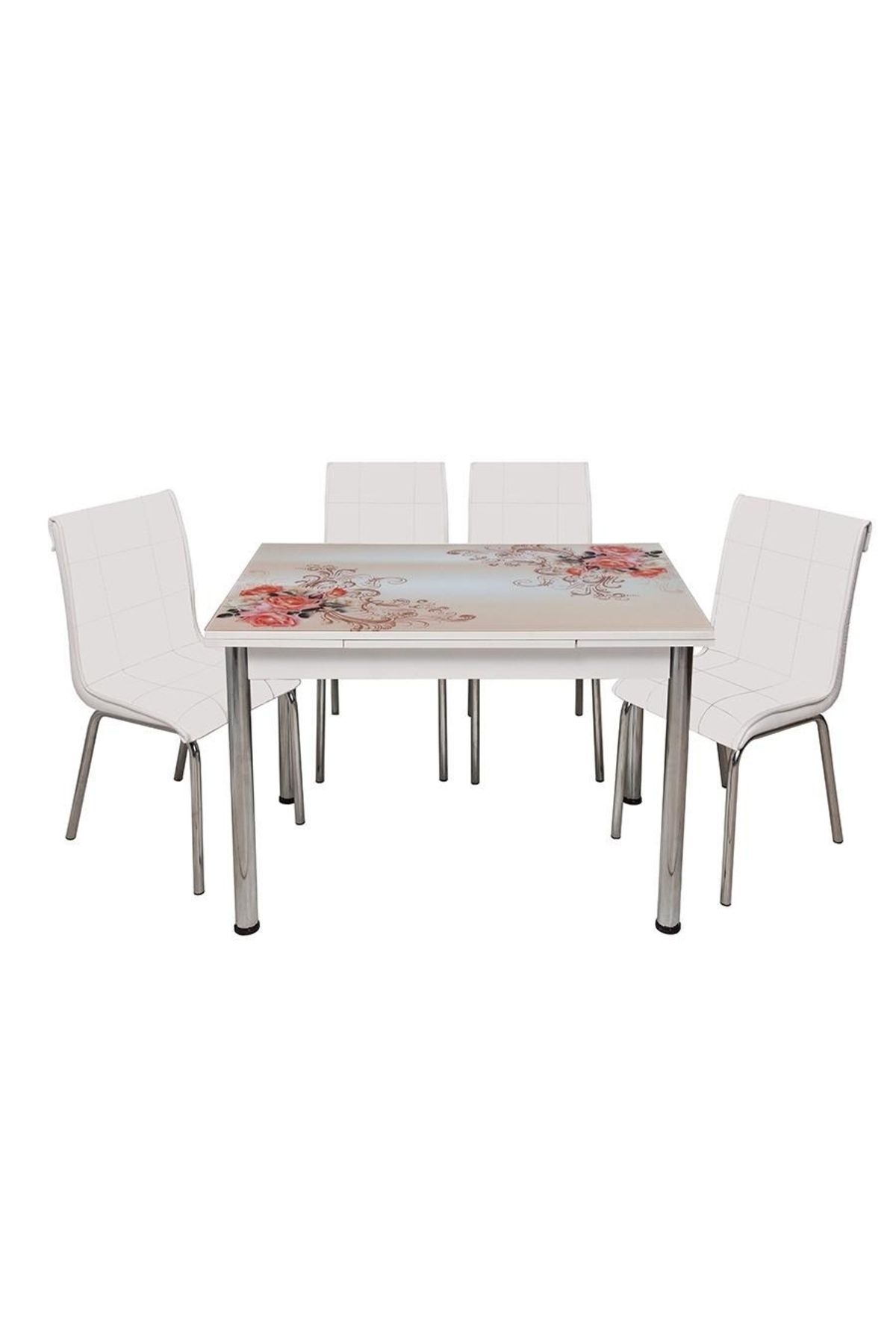 Evistro Yandan Açılır Cam Mutfak Masa Takımı 4 Sandalyeli 70x110cm Gülpembe