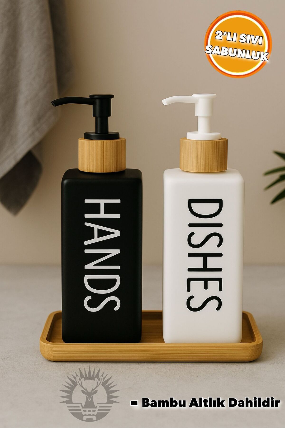 KaraWent Home 2'Li Sıvı Sabunluk Seti Bambu Kapalı+Altlıklı - Hands&Dishes Yazılı Sabunluk Seti KRW-10