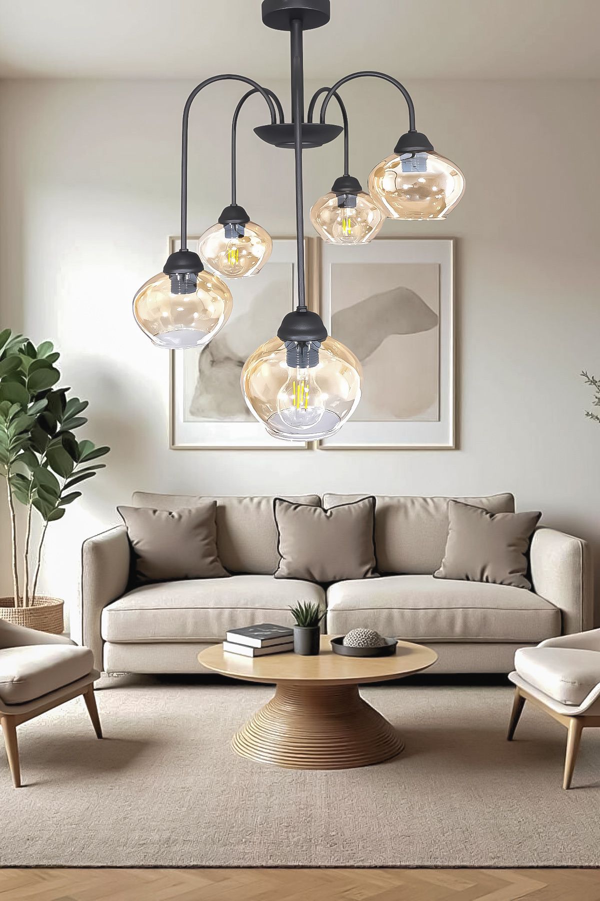 Fer Avize Dora 5 Li Avize Dekoratif Tasarım Modern Kollu Camlı Avize Oturma Odası Yemek Odası Salon