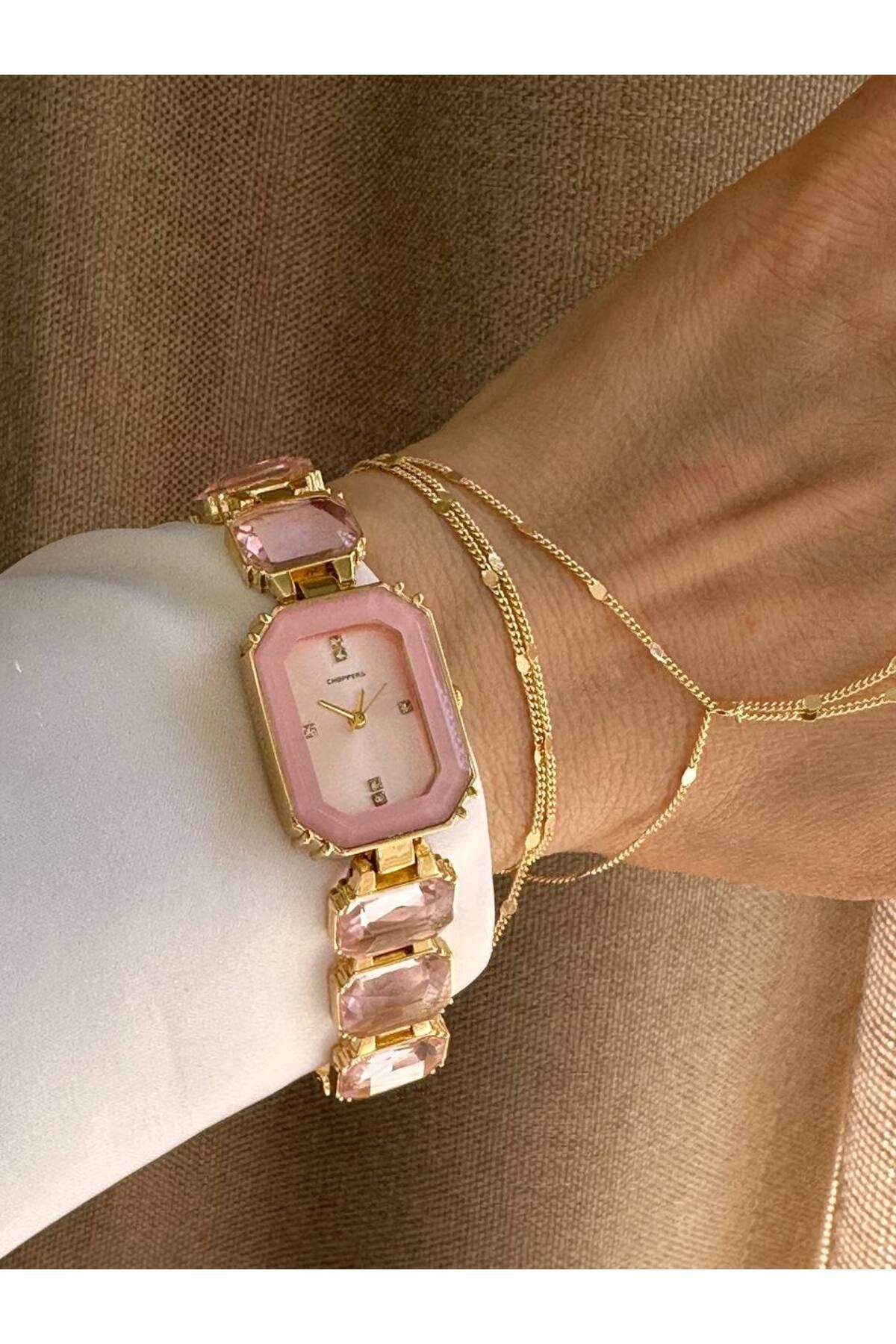 Esmeray Aksesuar Metal Gold Renk Pembe Renkli Taşlı Kadın Kol Saati