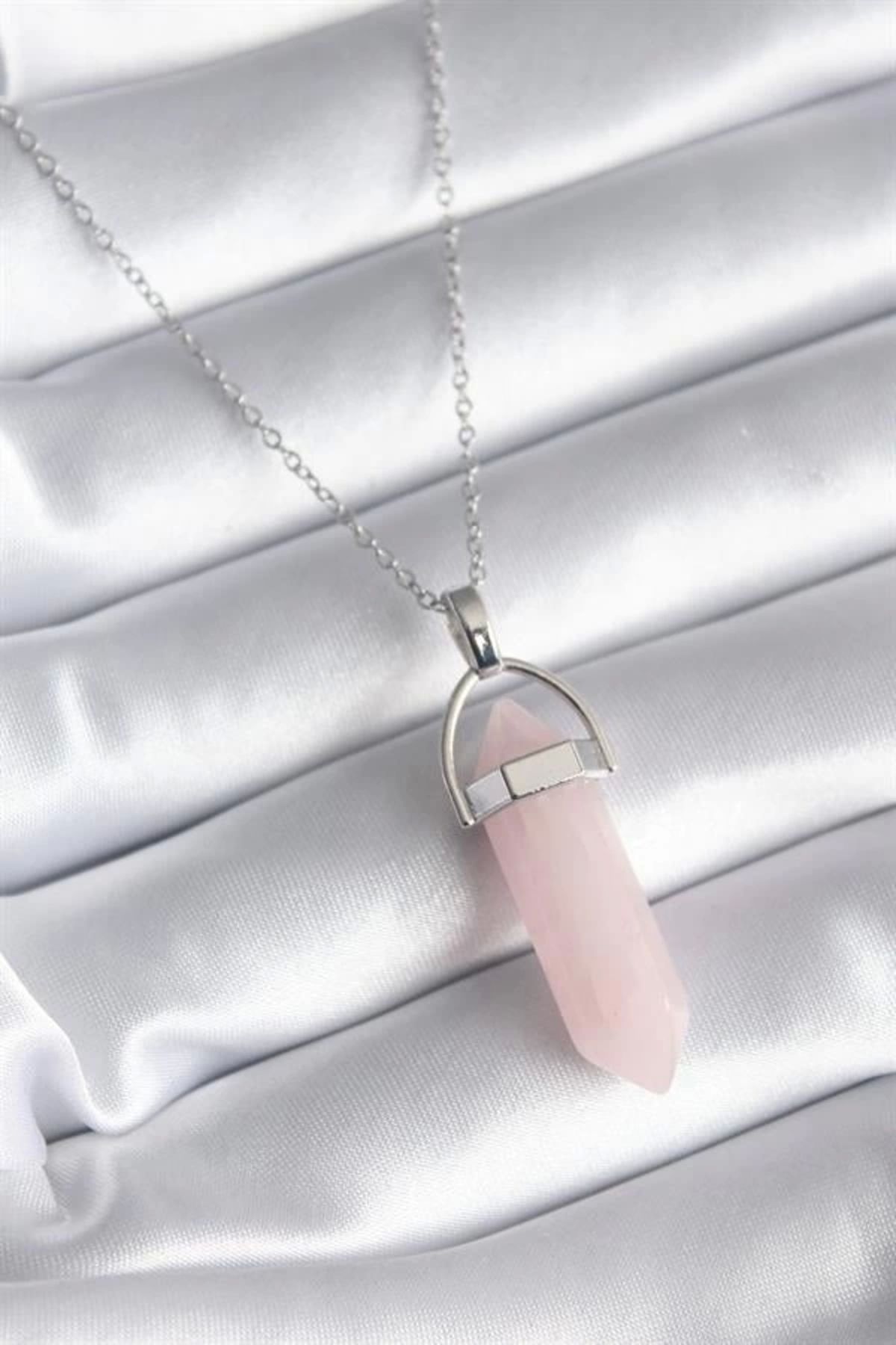 Lale Moda 316L Çelik Gümüş Renk Pembe Taşlı Kadın Kolye