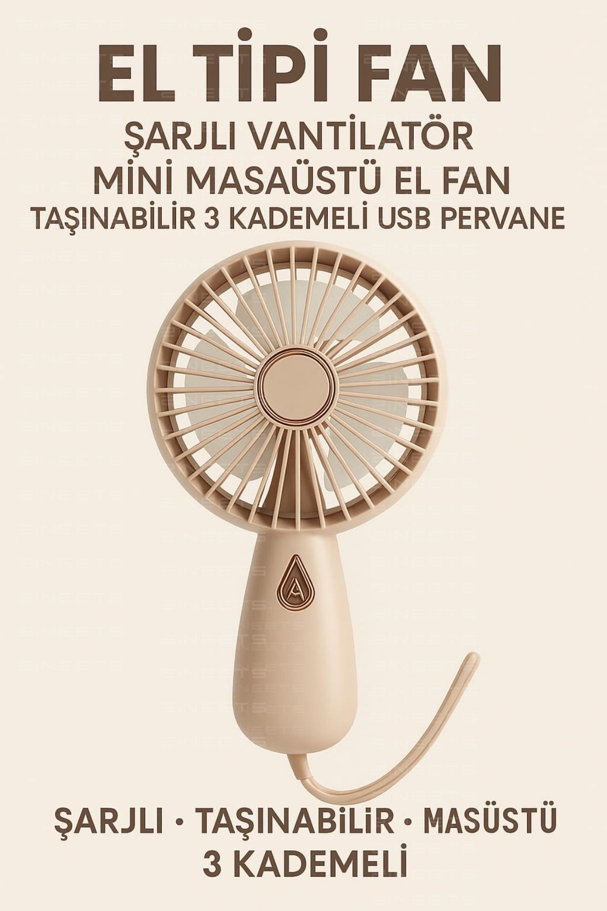 POLYGOLD El Tipi Fan Şarjlı Vantilatör Mini Masaüstü El Fan Taşınabilir 3 Kademeli Usb Pervane