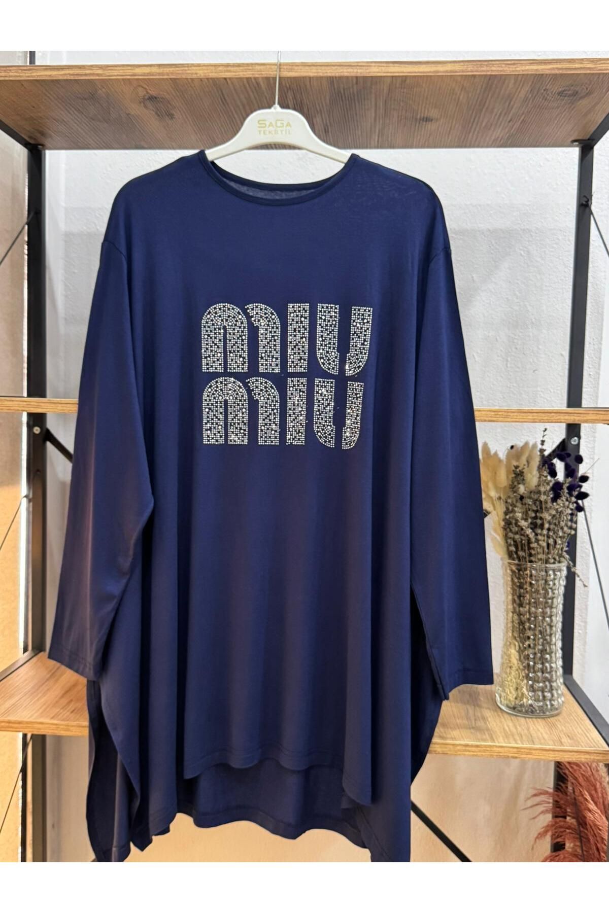 ÖZNE BUTİK Kadın pamuklu likralı bisiklet yaka miu taş baskılı oversize tunik