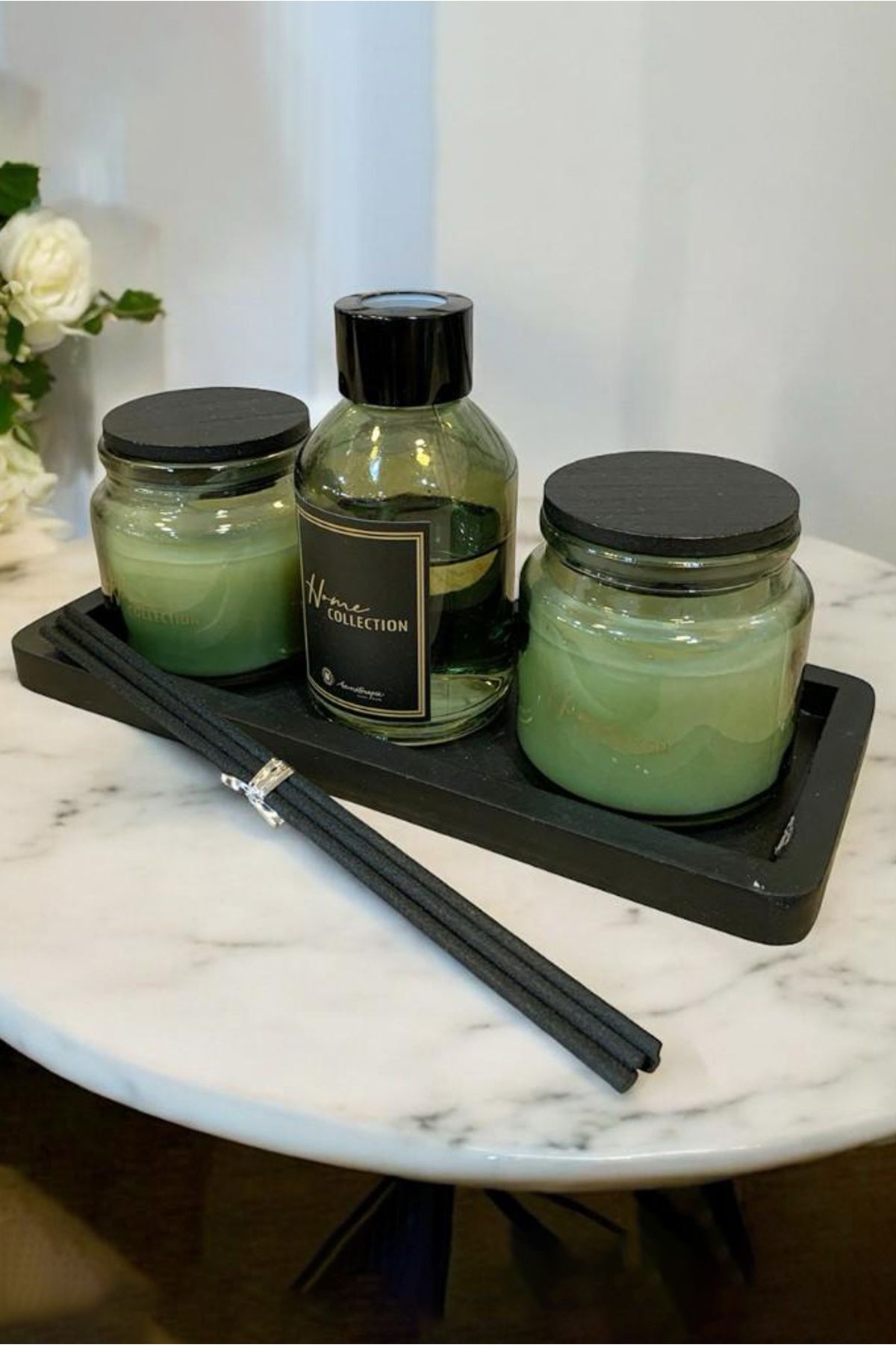 LEMİ DEKORASYON Osmanthus Green Tea Tepsili Oda Parfümü Mum Seti